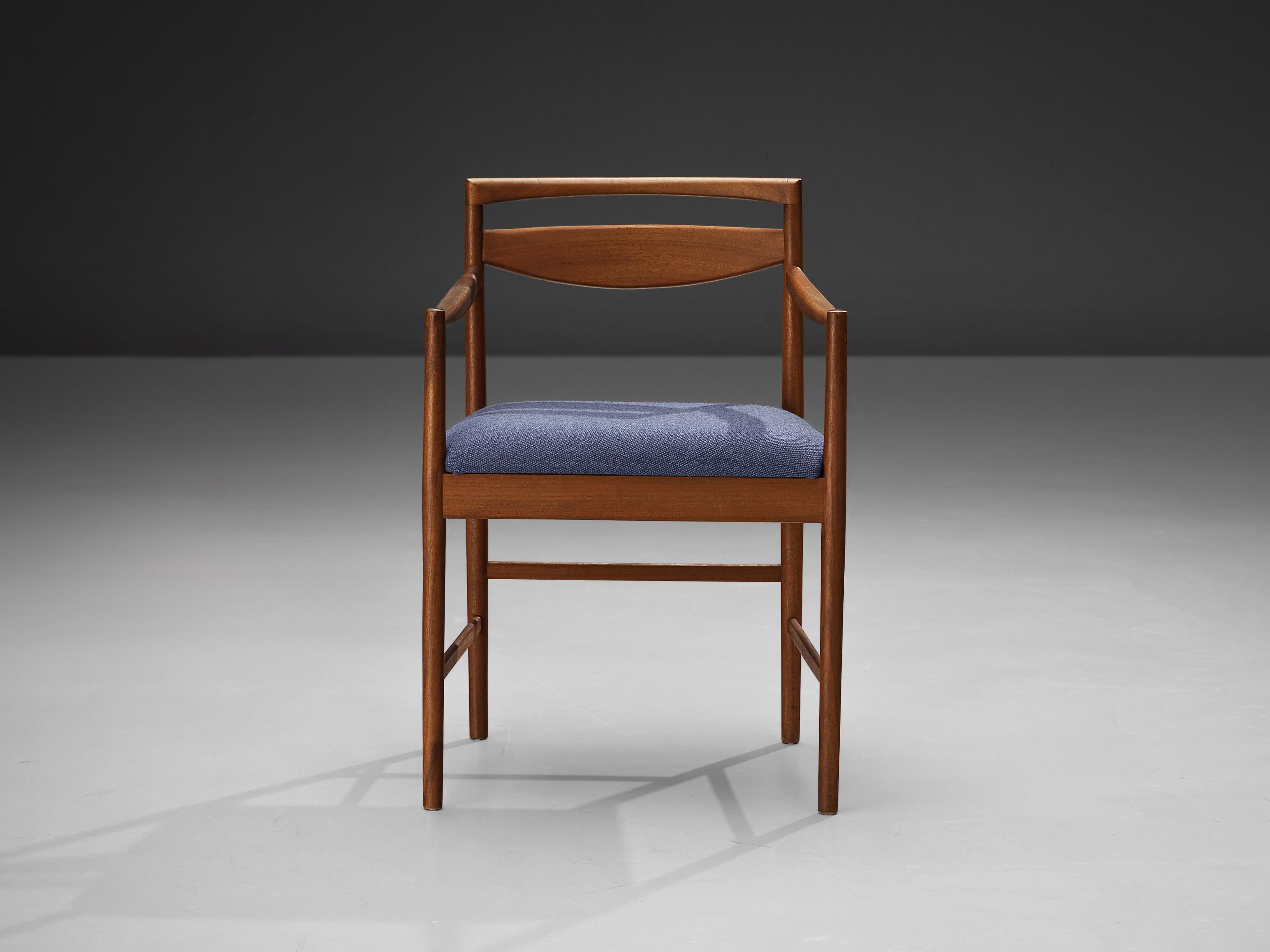 European Dining Chair in Teak and Blue Upholstery  For Sale
