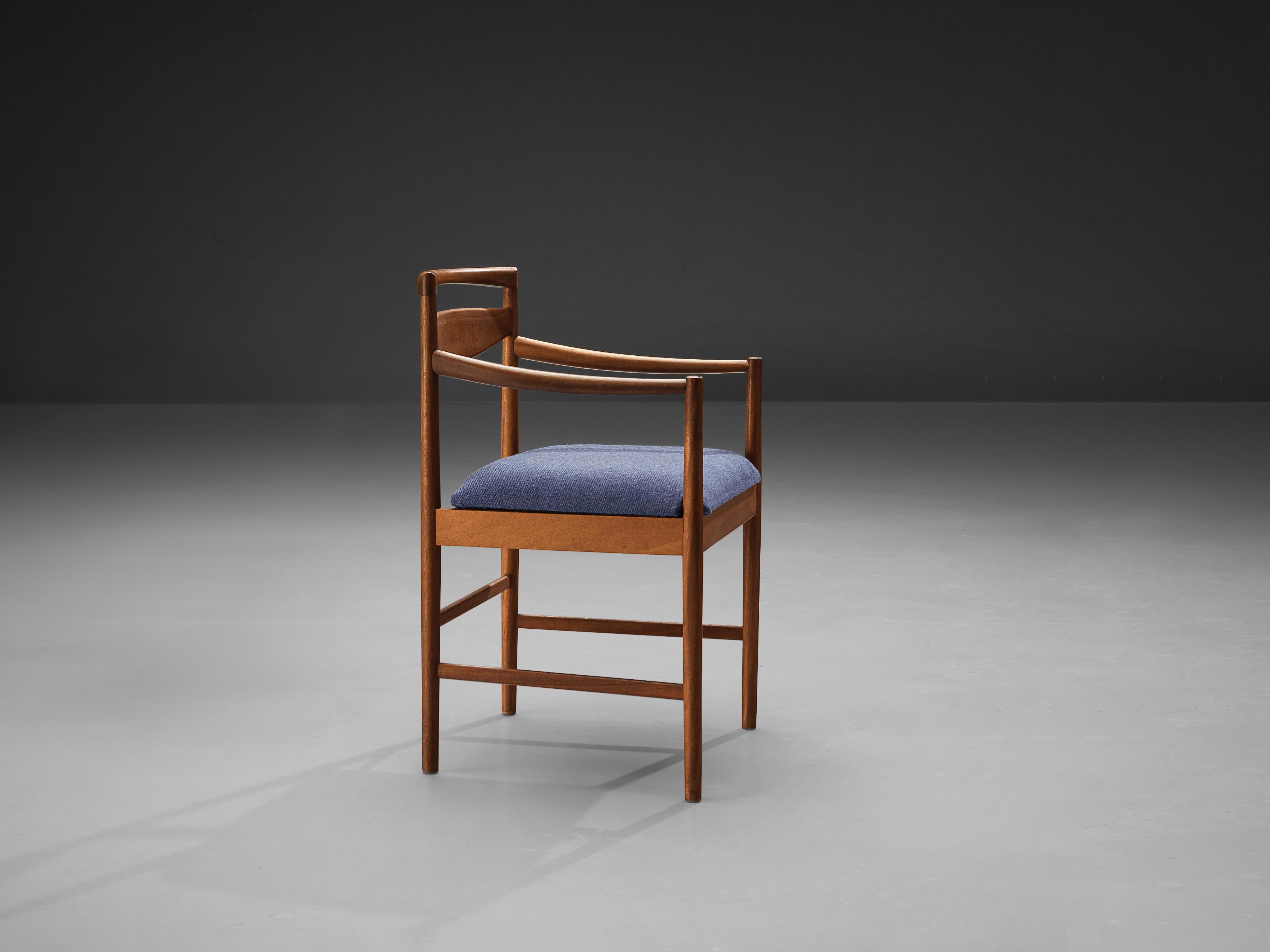 Fabric Dining Chair in Teak and Blue Upholstery For Sale