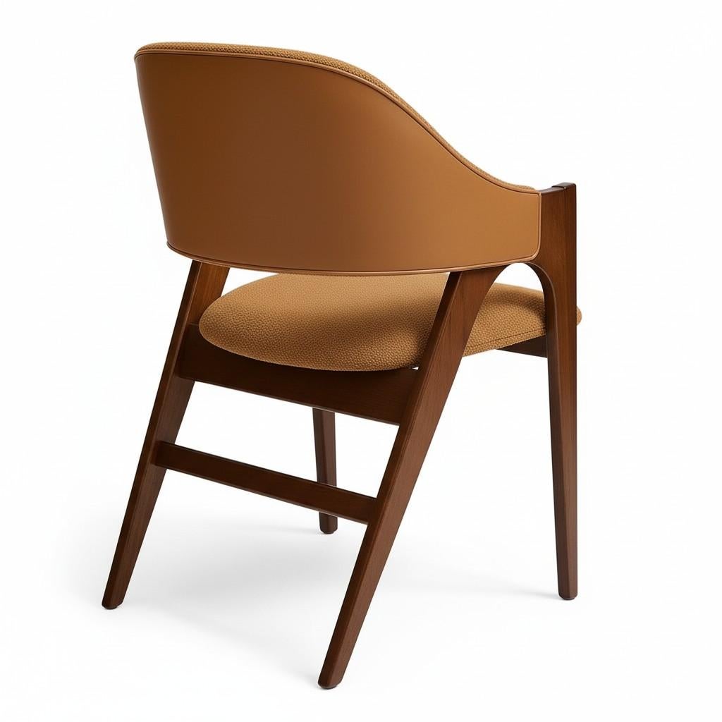Modern Dining Chair In Wooly Boucle & Leather-Frame In Walnut Finish For Sale