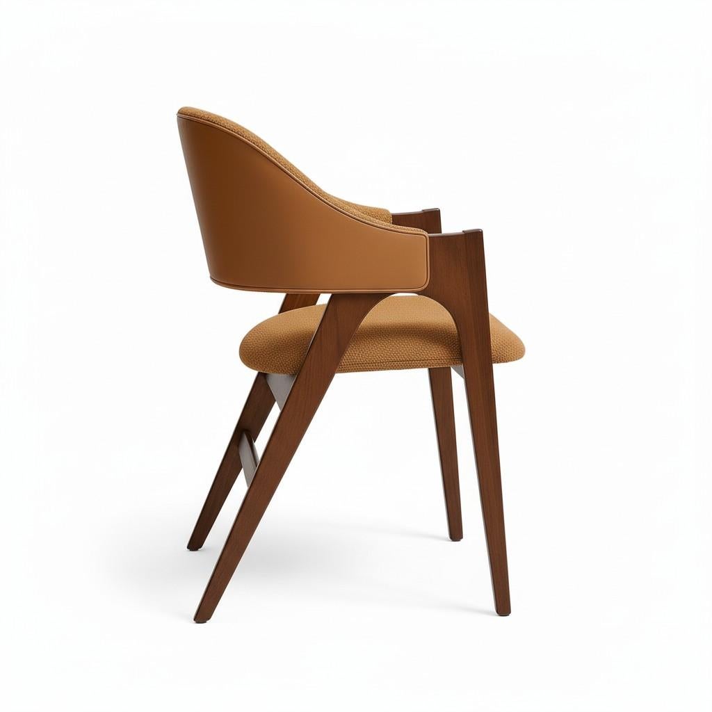 European Dining Chair In Wooly Boucle & Leather-Frame In Walnut Finish For Sale