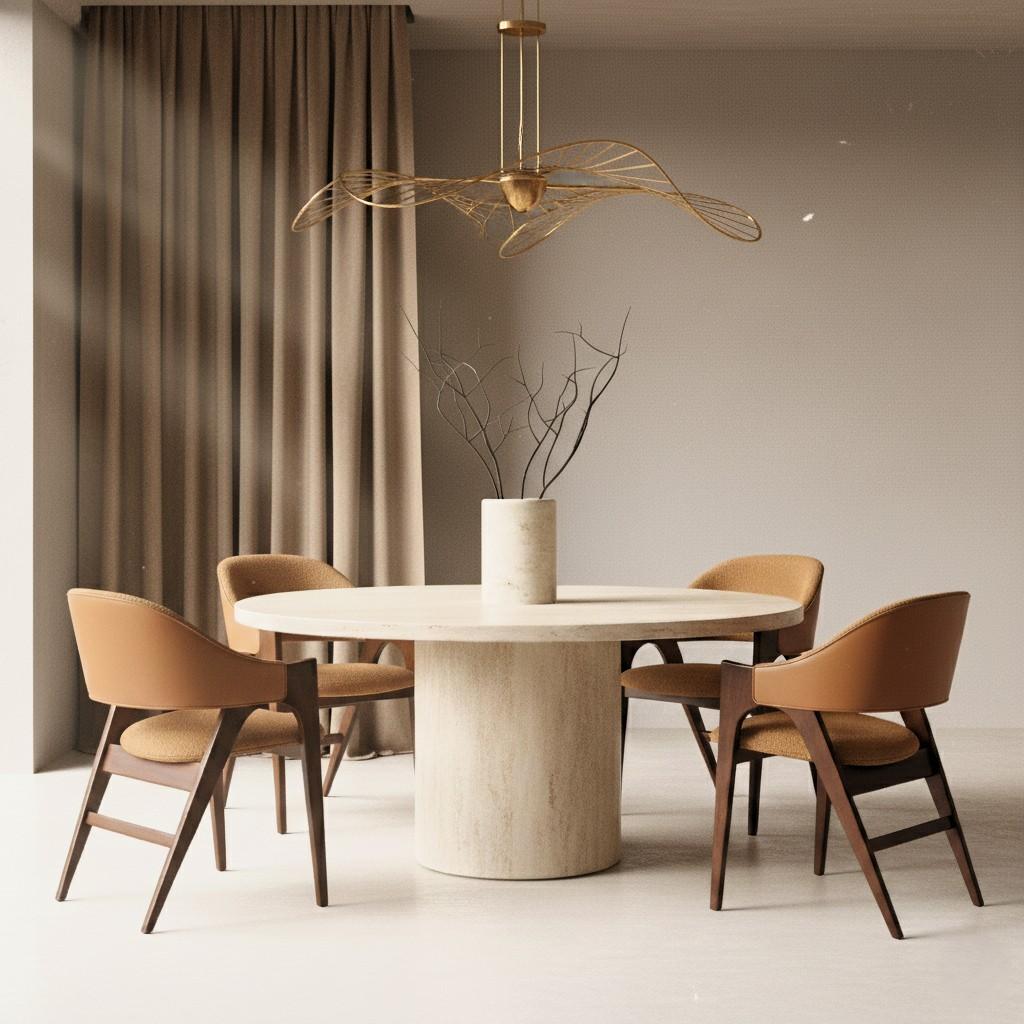 Dining Chair In Wooly Boucle & Leather-Frame In Walnut Finish In New Condition For Sale In NEW YORK, NY