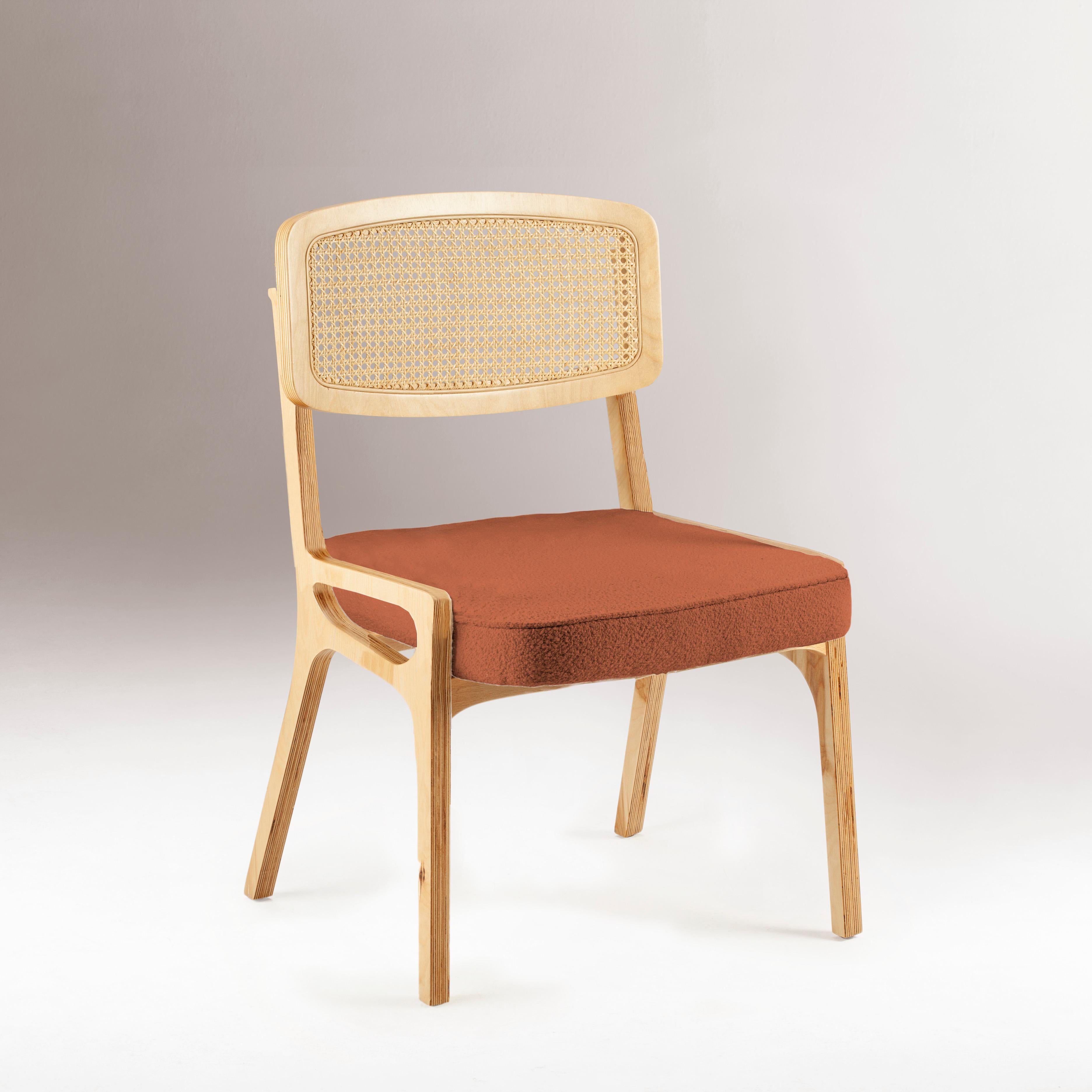 Dining Chair Karl Black Lacquered Plywood Wood, Velvet Seat and Rattan Backrest For Sale 2