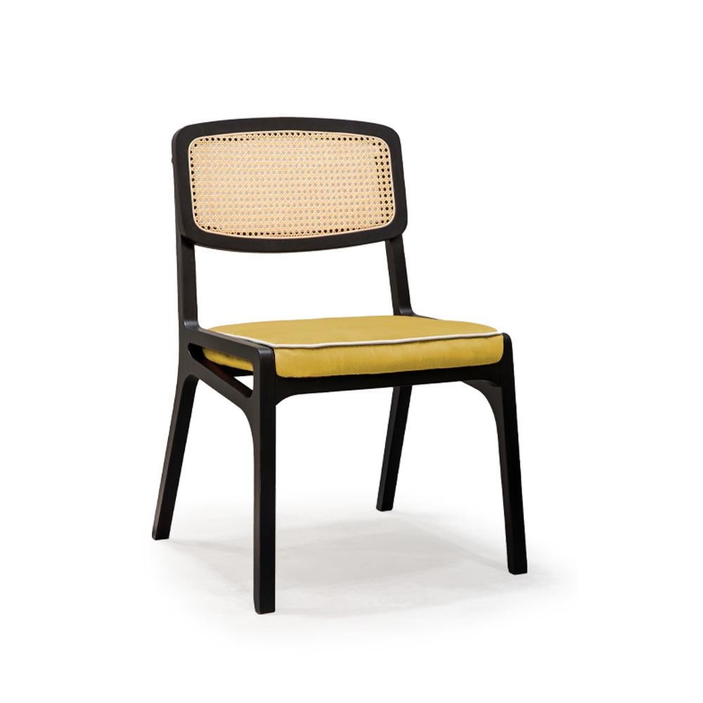 Dining Chair Karl Black Lacquered Plywood Wood, Velvet Seat and Rattan Backrest For Sale 5
