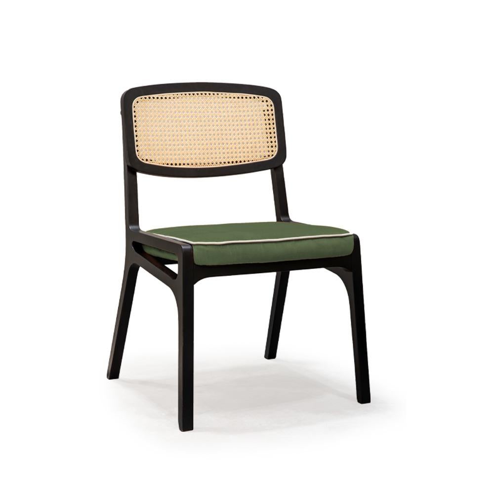 Dining Chair Karl Black Lacquered Plywood Wood, Velvet Seat and Rattan Backrest For Sale 6