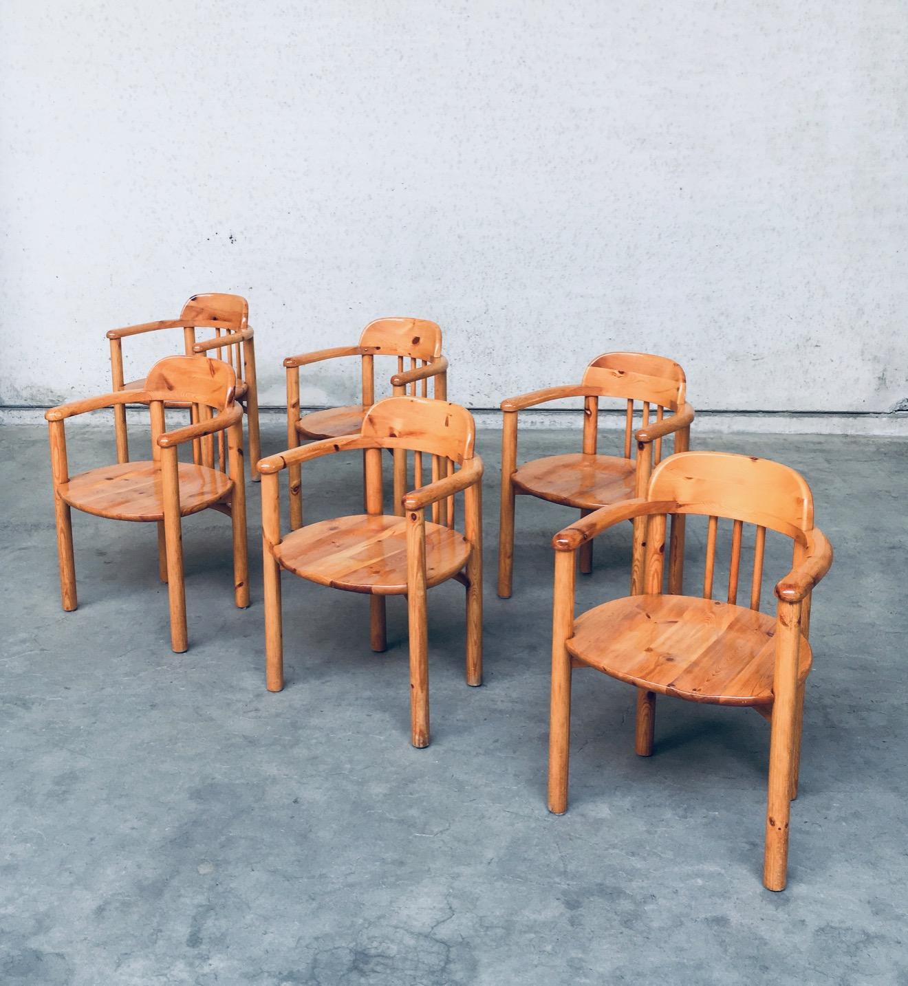 Vintage Mid-Century Modern Scandinavian Design Pine dining chair set. Designed by Rainer Daumiller for Hirtshals Savvaerk, made in Denmark 1970's. Solid pine constructed chairs. Chairs are in good condition. 2 have had some repairs at the backrest,