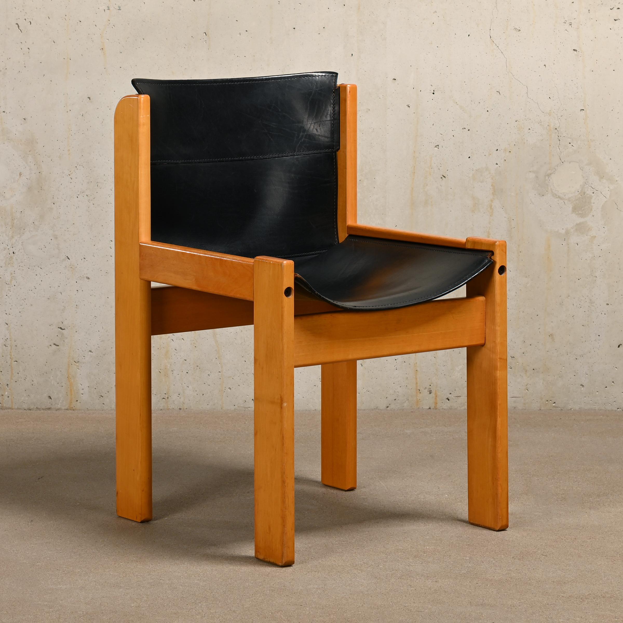Dining Chair Set Wood and Saddle Leather, Ibisco Italy 1970s 3