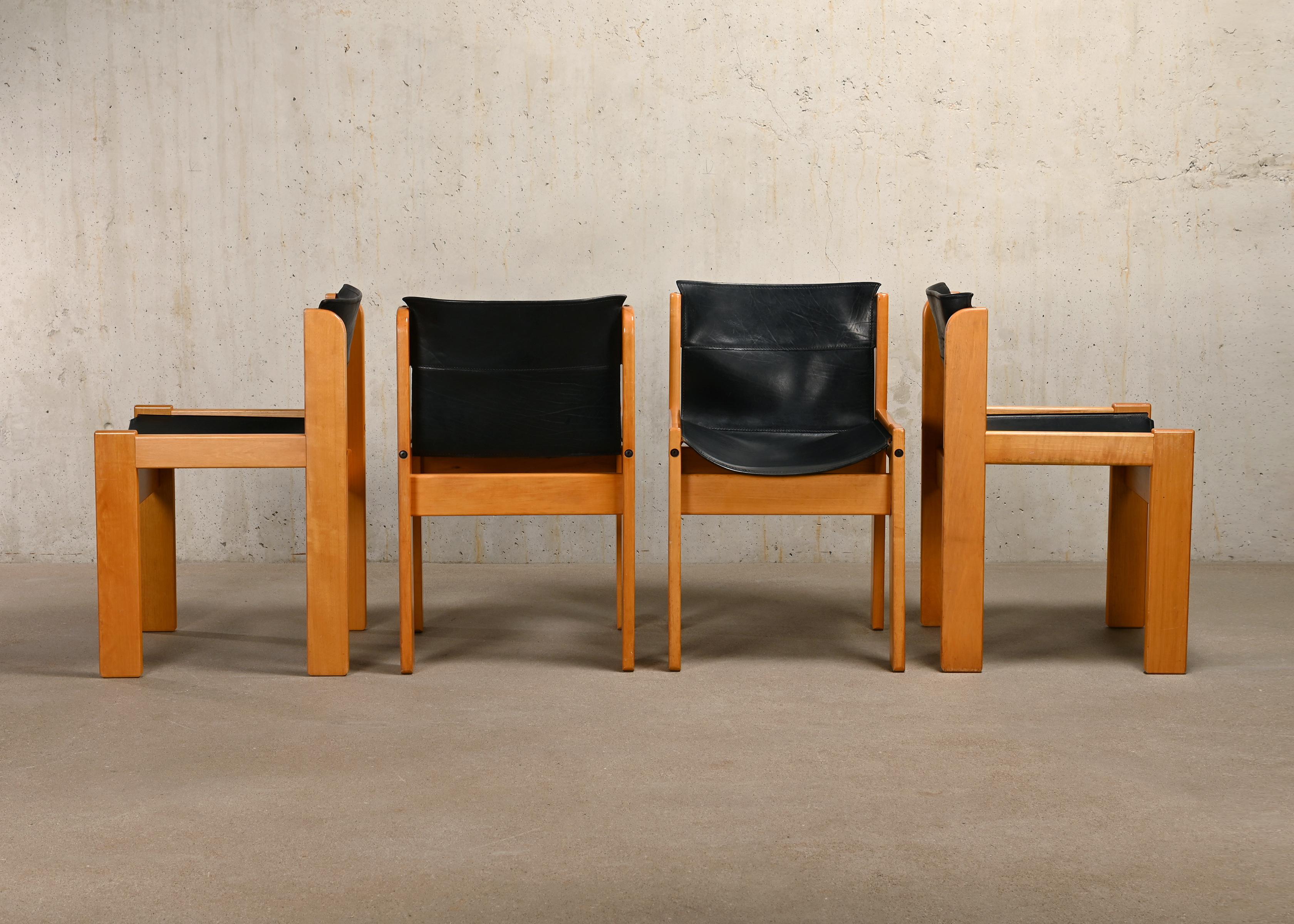 Nice set of 4 Italian dining chairs from Ibisco with Beech wooden frames and black saddle leather. The design has similarities with the Monk chair from Afra & Tobia Scarpa.
The chairs are in good vintage and sturdy condition with normal signs of