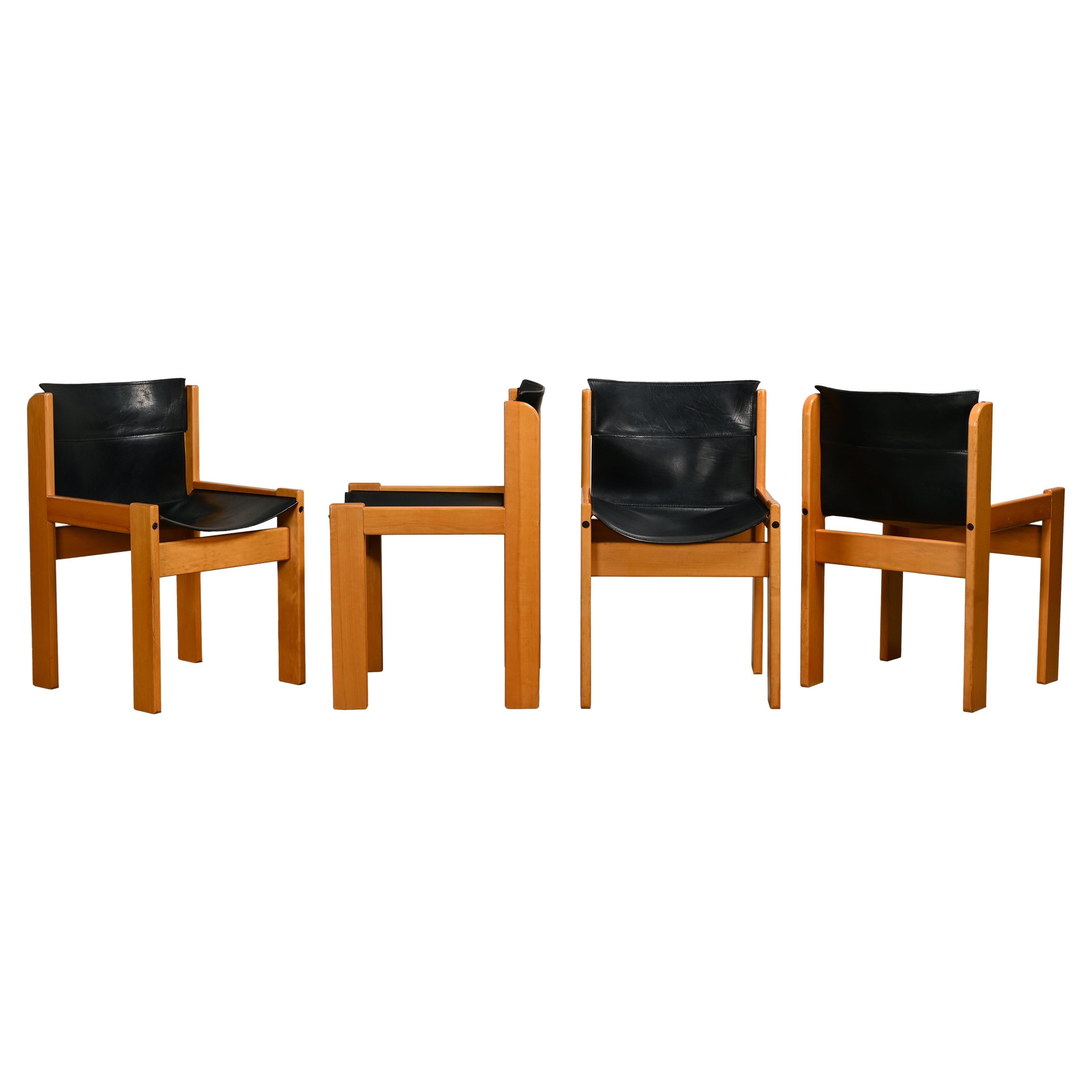 Dining Chair Set Wood and Saddle Leather, Ibisco Italy 1970s