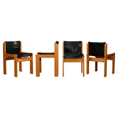 Dining Chair Set Wood and Saddle Leather, Ibisco Italy 1970s