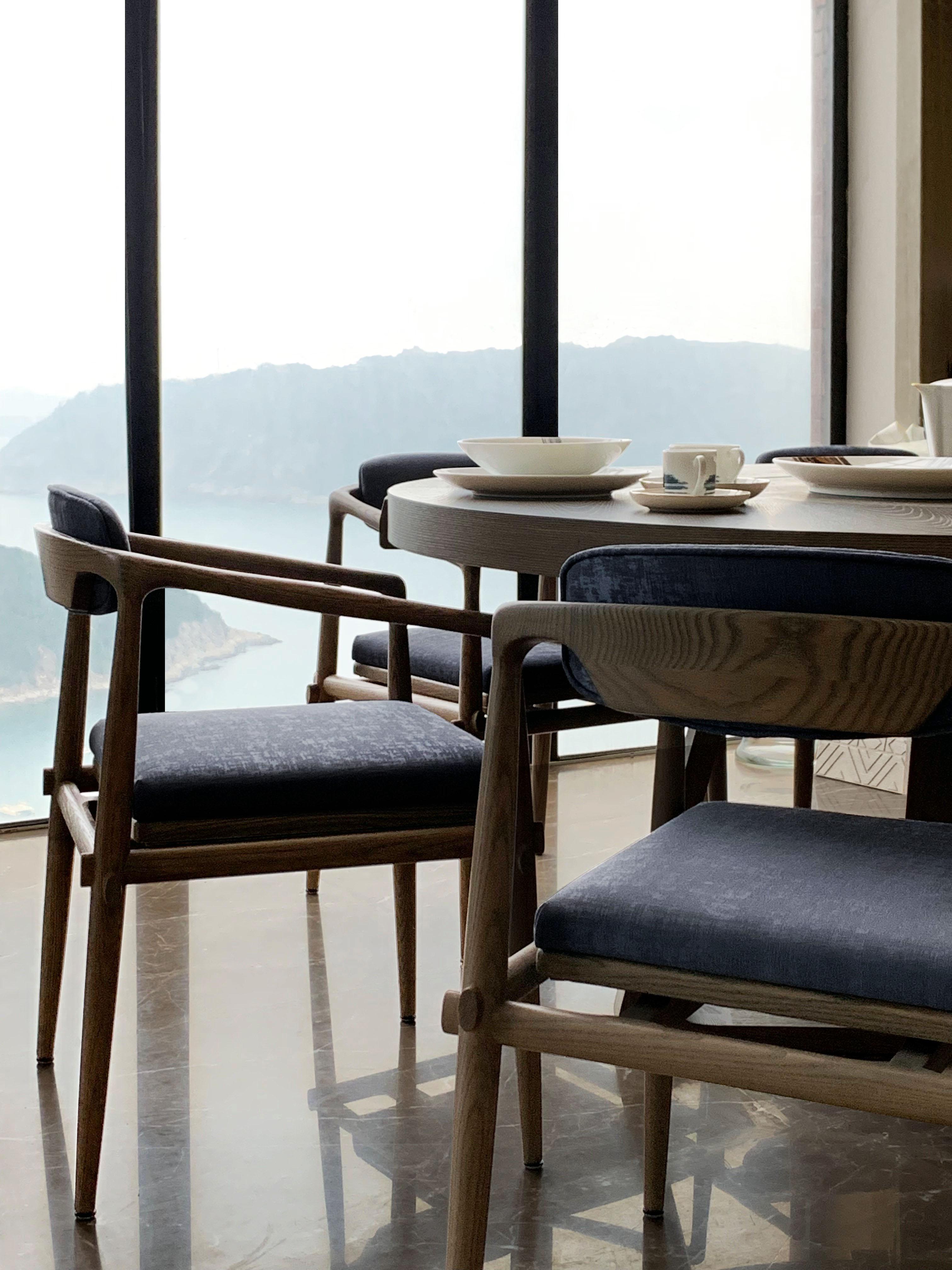 Dining Chair Upholstered Armchair Interlock André Fu Living Grey Oak Blue New In New Condition For Sale In CENTRAL, HK