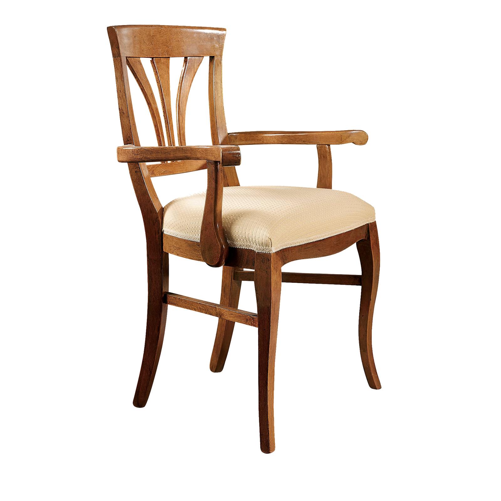 This classic chair is characterized by exceptional craftsmanship and modern aesthetic balance. The wooden frame effortlessly flows from the bold backrest to the curved architectural arms and into the flared legs. The chair stands out for its