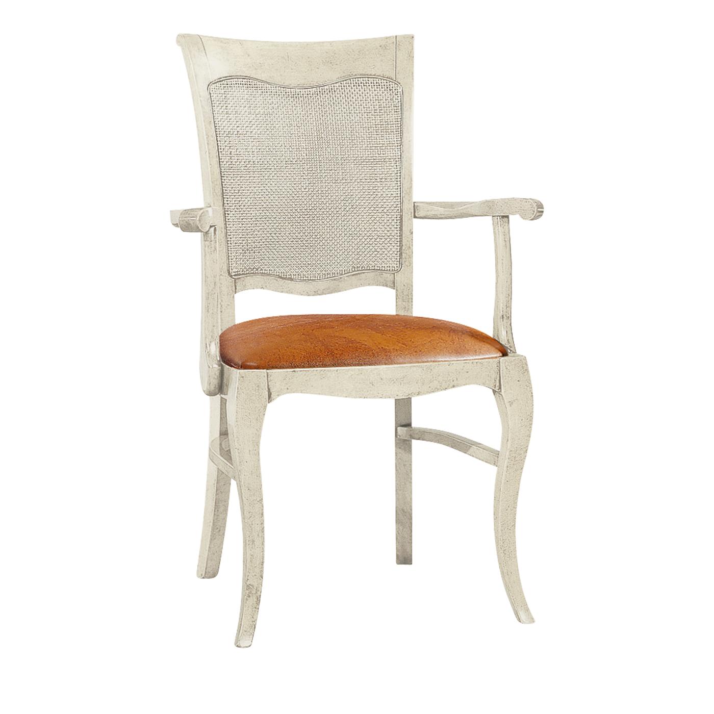 Dining chair with armrests, with a linear and elegant design, ideal to complete the decor of dining rooms. The structure is in wood with an antique ivory-white finish, the seat is padded and upholstered in fabric in warm orange tones. A perfect and