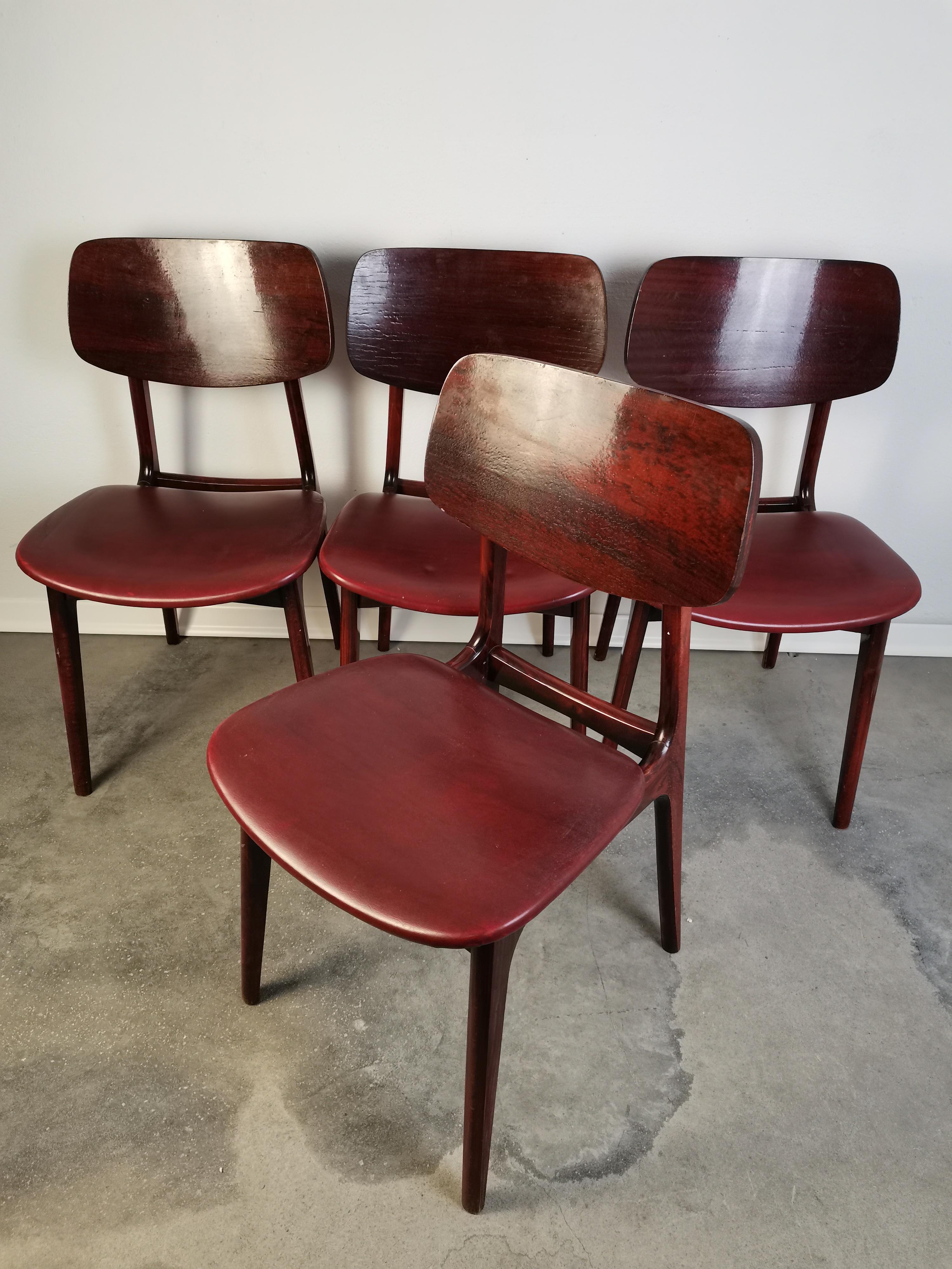 Dining chairs, 1970s
Manufacturer: Javor Pivka.
Country of Manufacturer: Slovenia/Yugoslavia.
Period: 1970s.
Style: mid century, danish classic.
Materials: wood, faux leather.
Condition: very good original vintage condition, few traces of