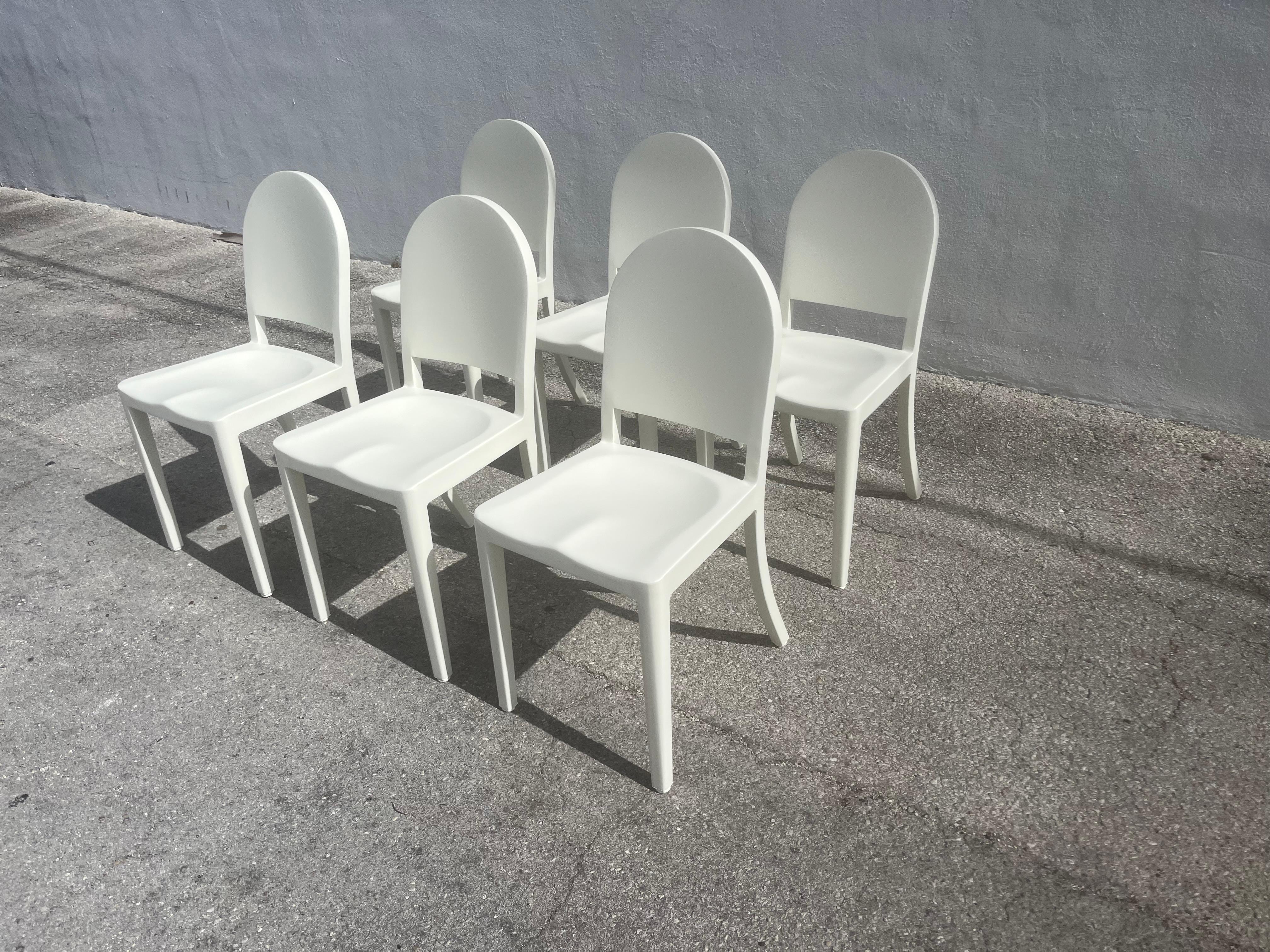 Set of Six Morgans Chairs by Andrée Putman for Emeco. Aluminum with cream enamel finish. Sold as set of six, in total twelve chairs available. 