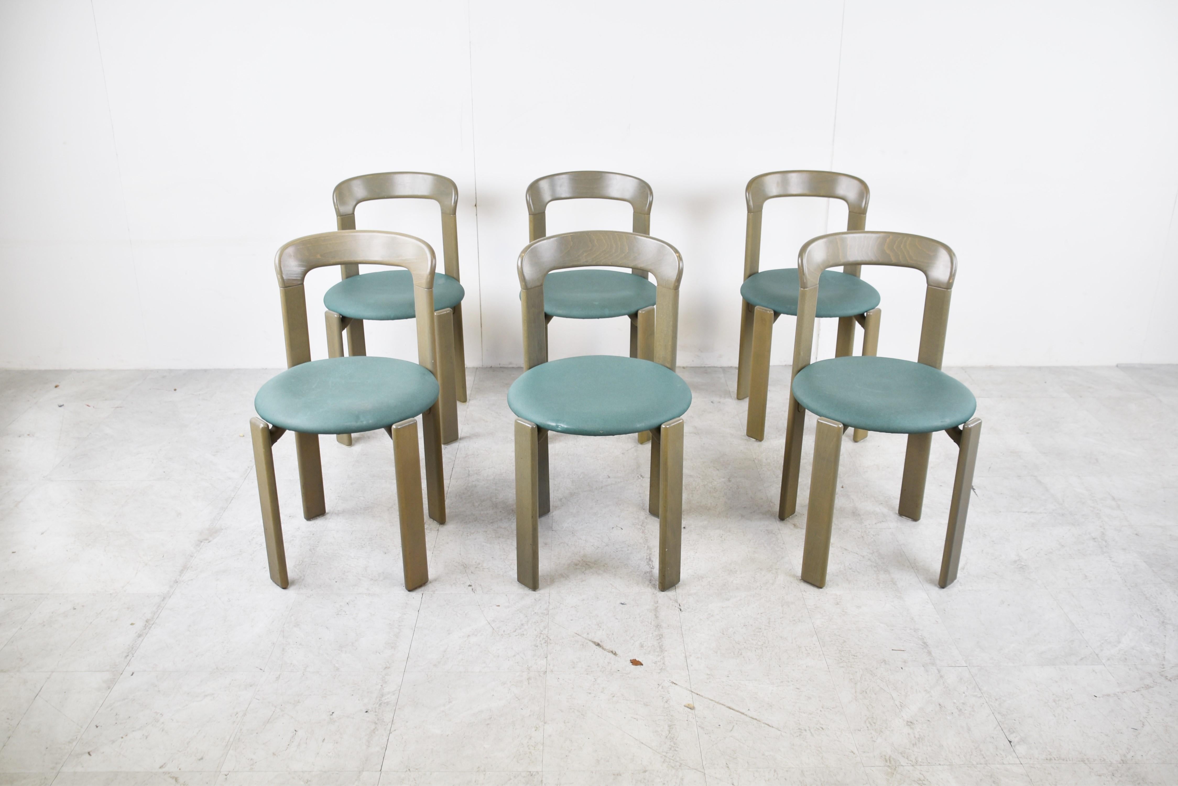 Dining chairs designed by Swiss designer Bruno Rey and produced by Kush & Co.

The chairs have a timeless design and where widely used. They are stackable per 4 pieces.

Good overall condition with normal age related wear. 

1970s -