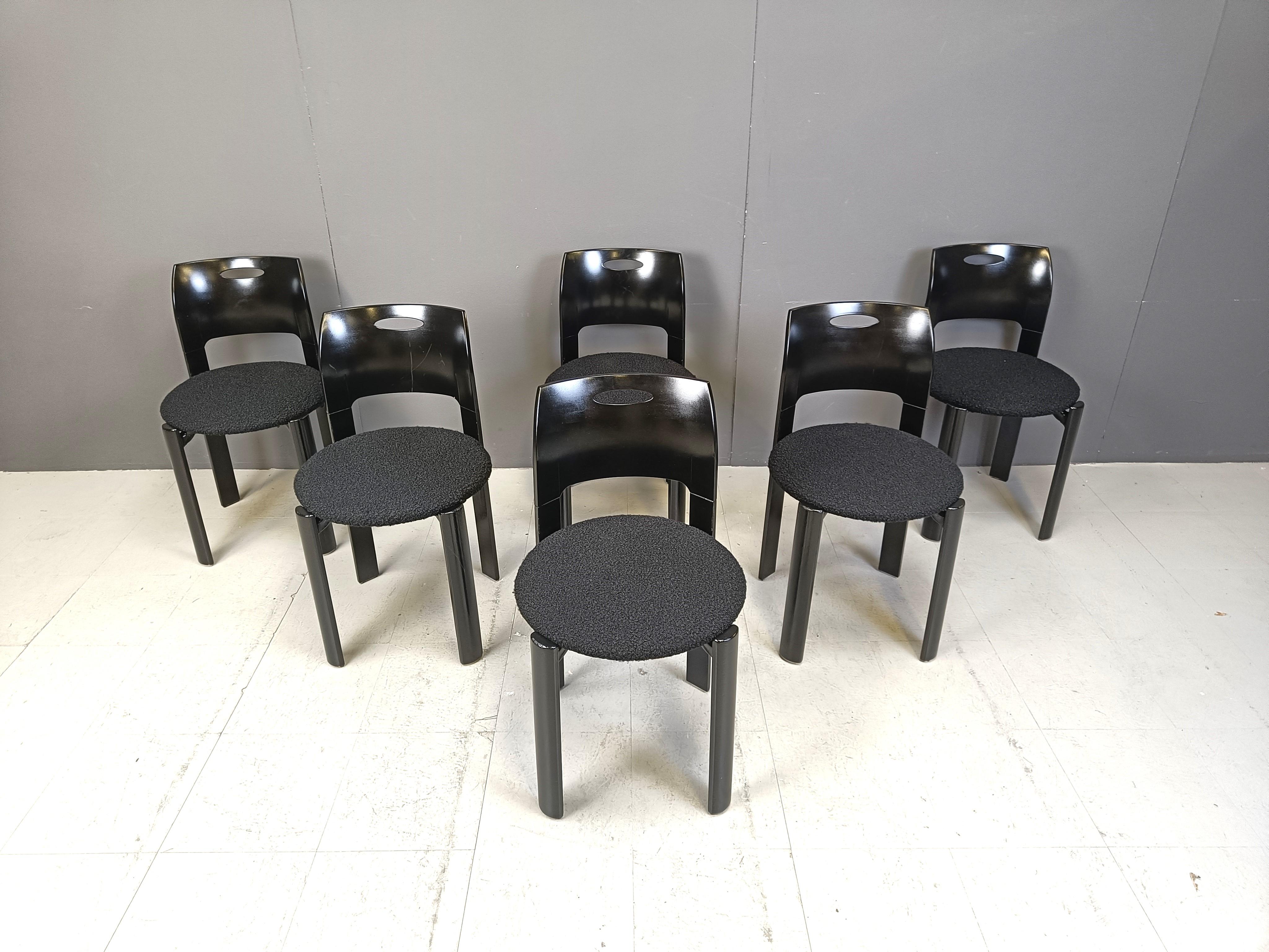 Dining chairs designed by Swiss designer Bruno Rey and produced by Kush & Co.

The chairs have a timeless design and where widely used.

Newly upholstered in black bouclé fabric.

Very good condition

1970s - Germany

Dimensions:
Height: 78cm
Width: