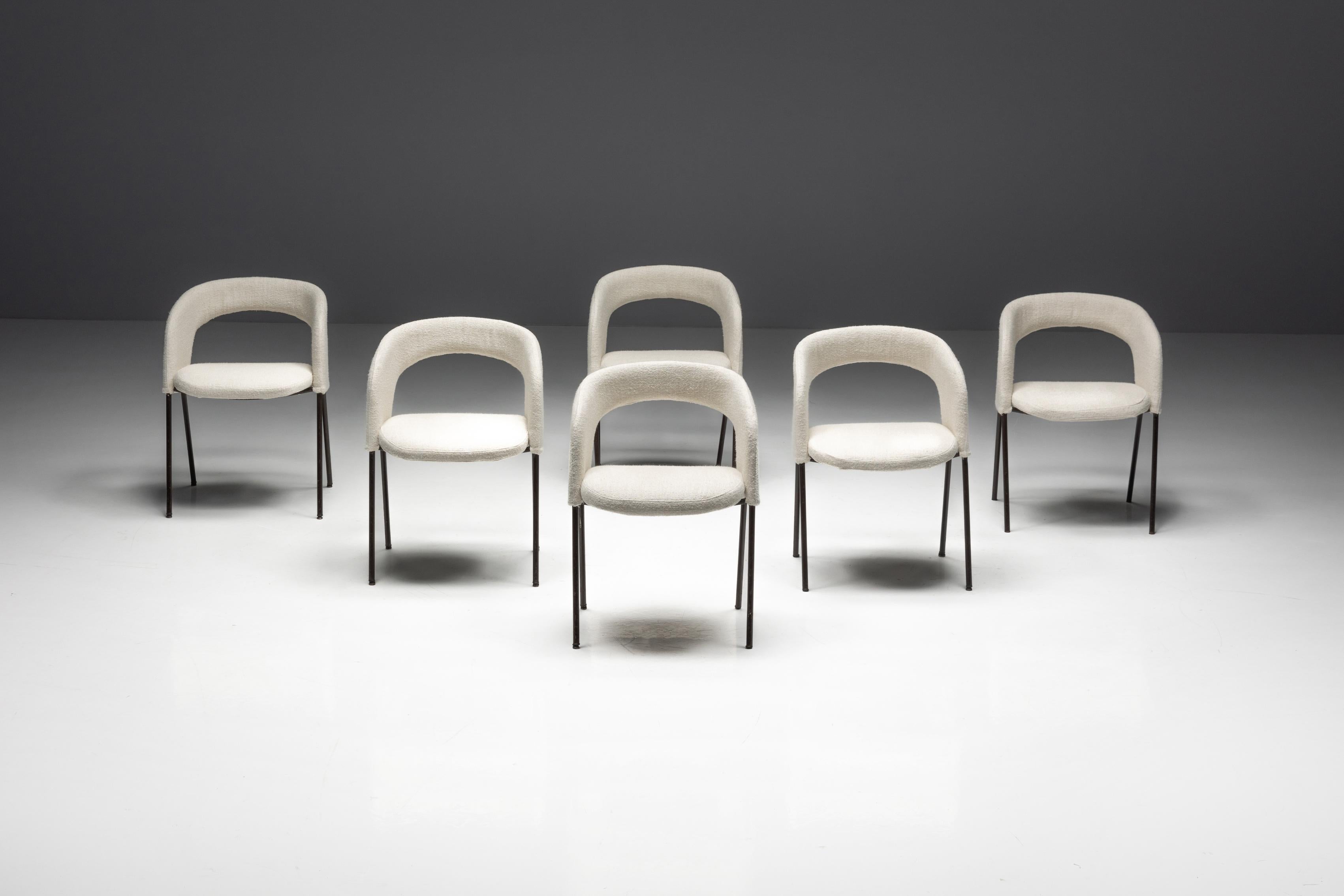 Set of six elegant chairs, designed by Gastone Rinaldi, originally produced in 1951 for RIMA Italia. These chairs have been meticulously reupholstered and are in excellent condition, retaining their timeless appeal. Each chair features a sleek