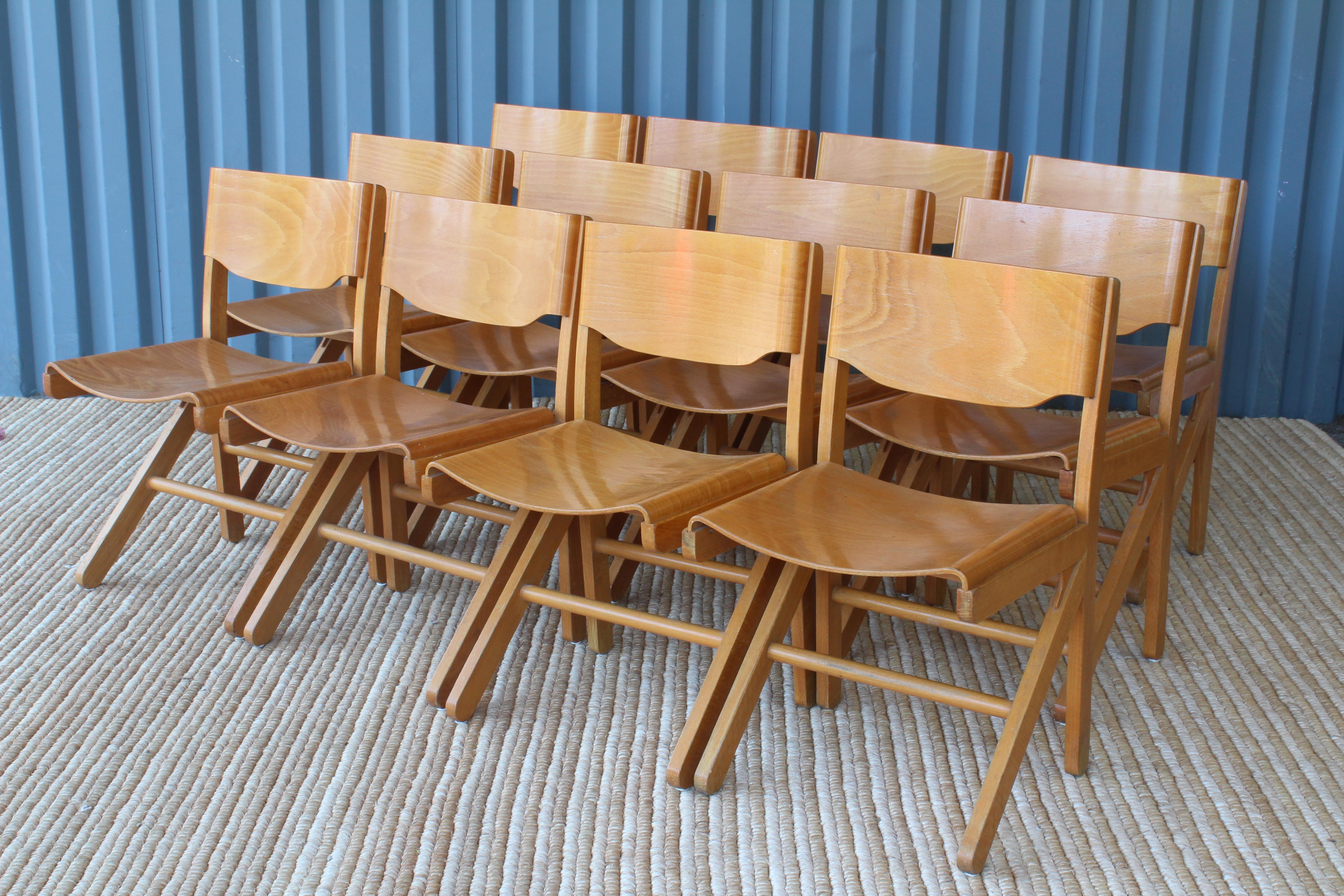 Set of 11 bentwood maple dining chairs by Joamin Baumann. Made in France, circa 1950s. Stamped 'Baumann' under each chair.
Sold individually.
  