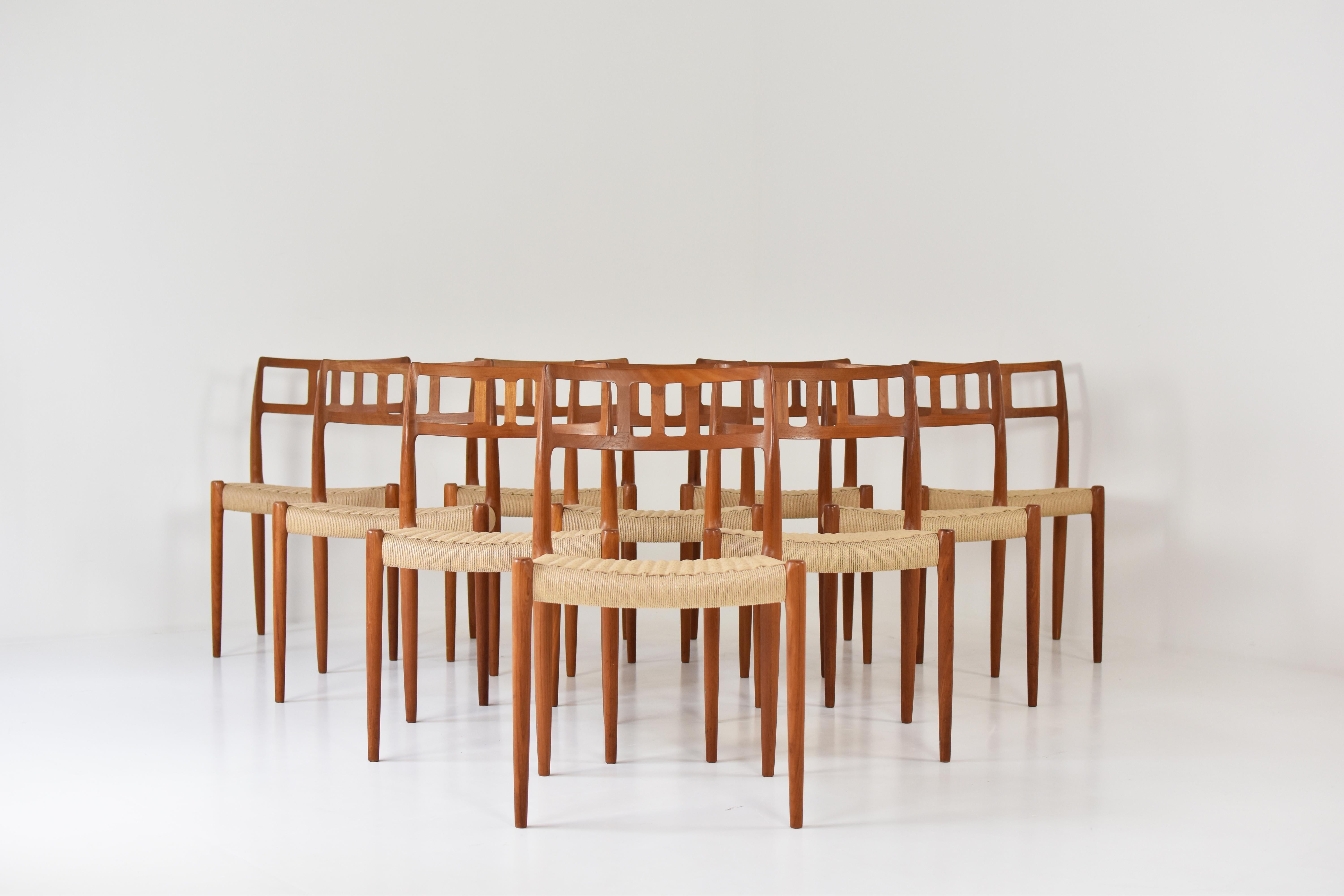 Large set of 10 dining chairs by Niels O. Møller for J.L. Møllers Møbelfabrik, Denmark, 1966. This is model 79 and is made out of solid teak. All chairs are professionally re-upholstered with new paper cord seats. Very good condition. Labeled