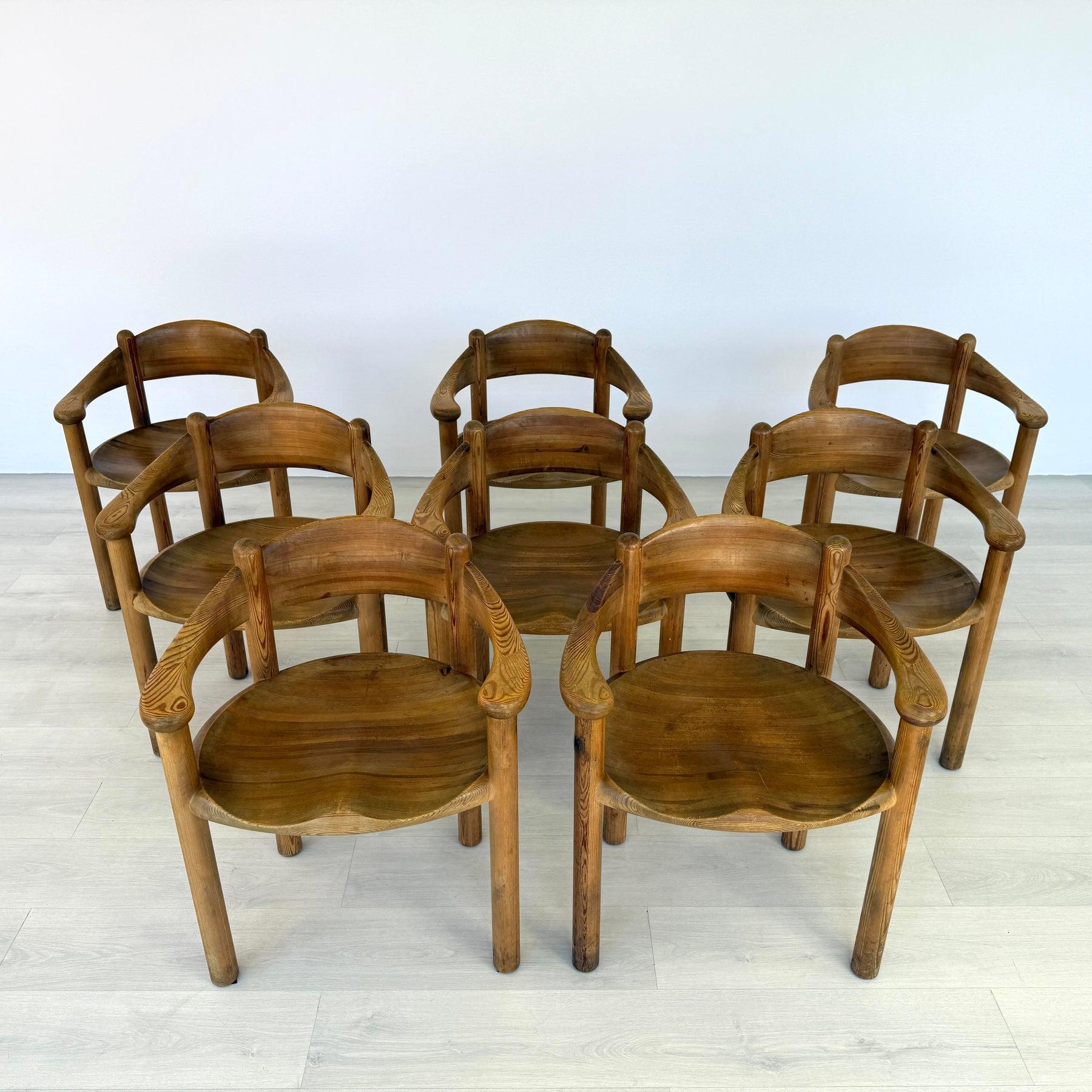 Dimensions: H 29.3” x W 24” x D 18” x SH 17.5”

Set of 8 Danish dining chairs, designed by Rainer Daumiller for Hirtshals Sawmill, made of solid pine wood with curved backrest. Very comfortable chairs with excellent woodwork.

Please see our other