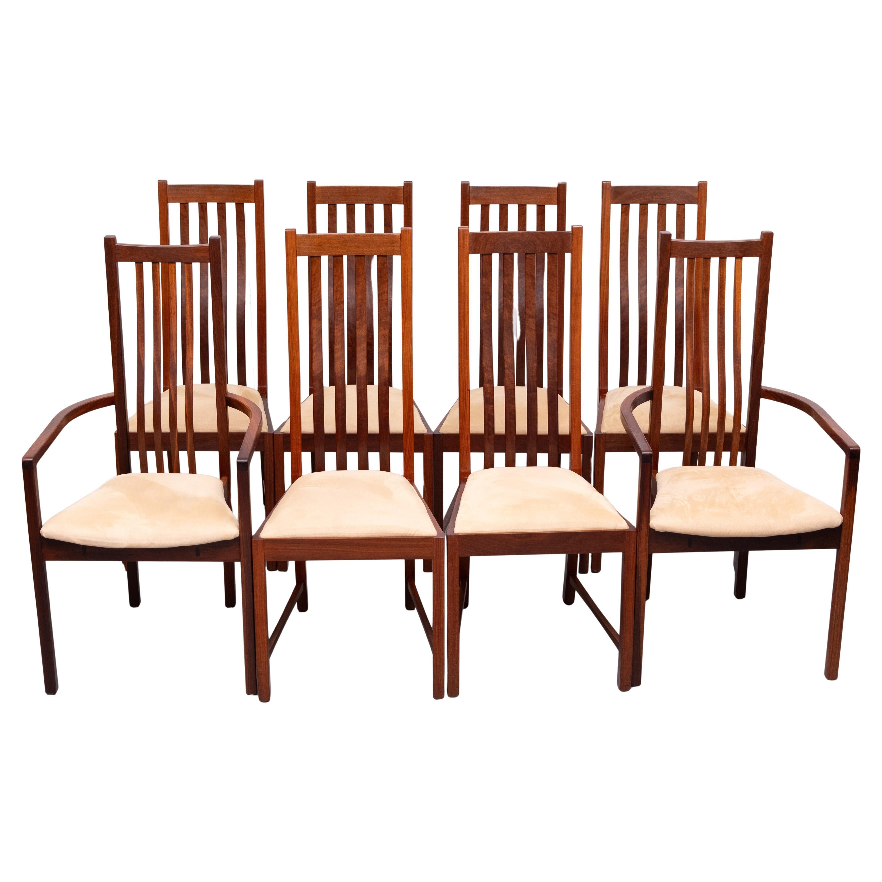Great elegant looking set .Handmade Chairs .Solid teak .Real craftsmanship.
comes with a sand color Suede upholstery . really beathiful made . 
set of 8 . Very good condition . 