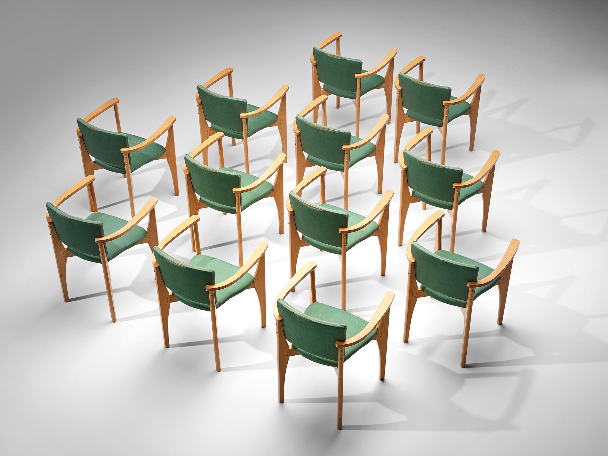 Mid-20th Century Dining Chairs in Wood and Green Upholstery