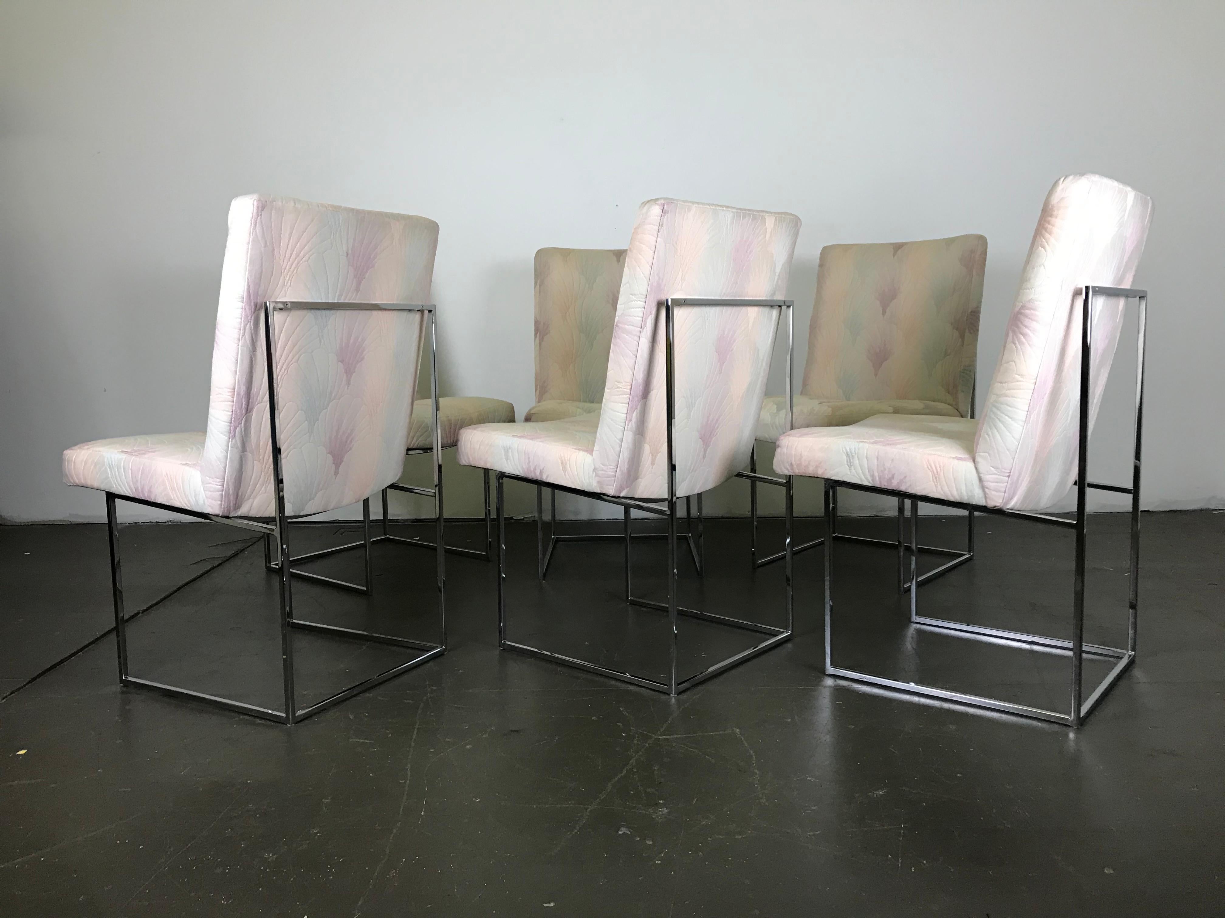 Classic set of six sleek chrome and fabric dining chairs by Milo Baughman for Thayer Coggin. The chrome bases are in excellent condition - polished and hardly any wear at all. The seats need to be reupholstered (unless you're going for The Golden