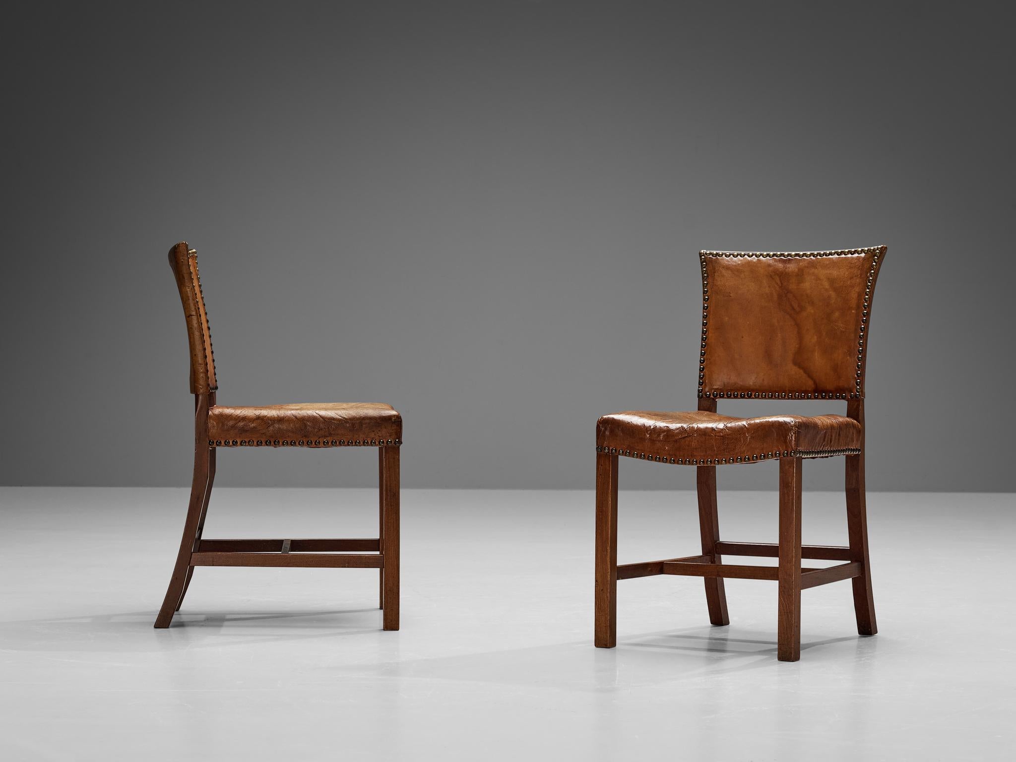 Brass Dining Chairs in Niger Leather and Mahogany by Danish Cabinetmaker  For Sale