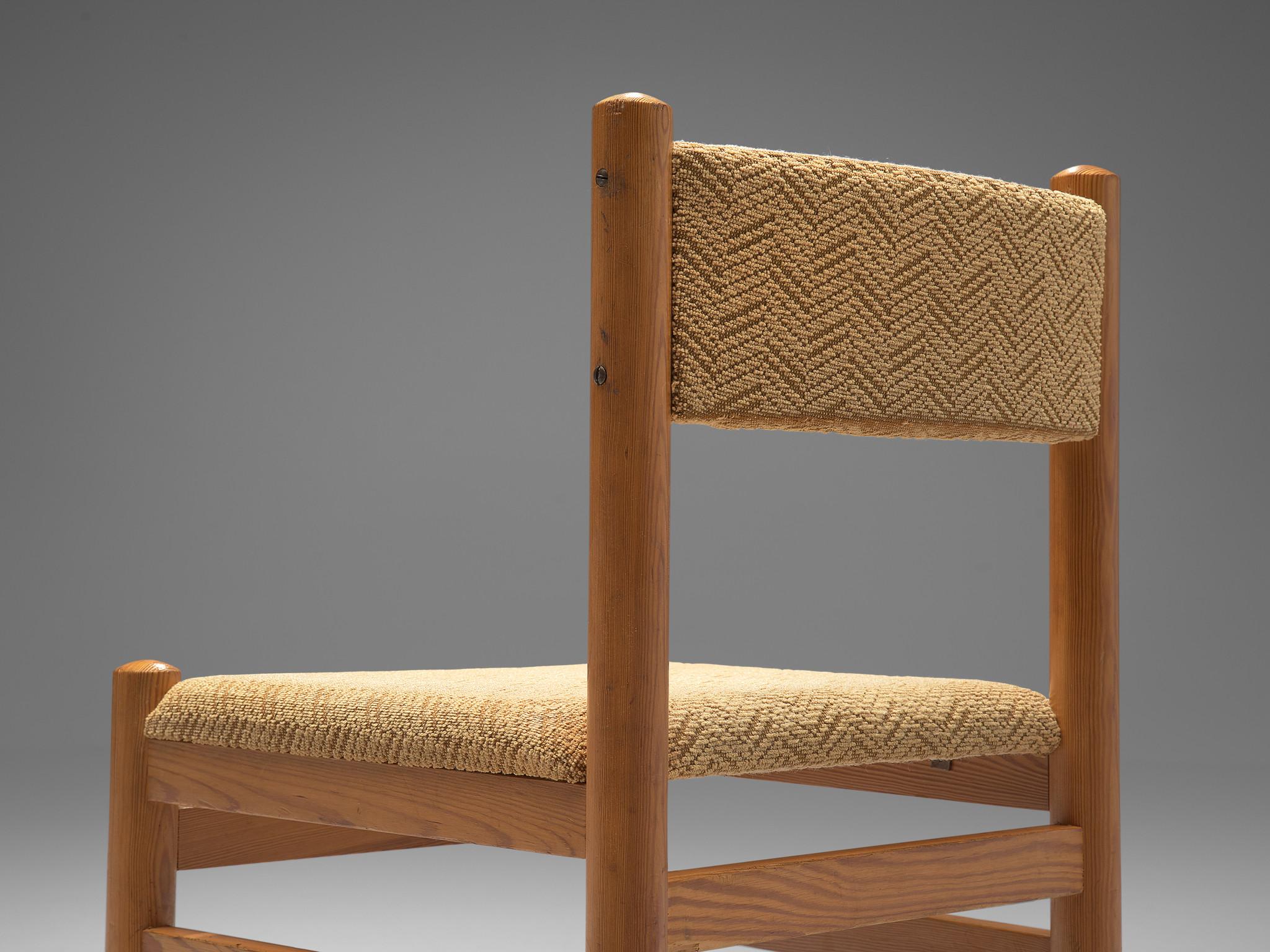 Mid-Century Modern Dining Chairs in Pine and Beige Upholstery