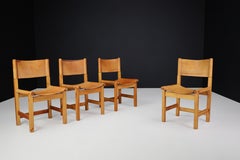Chaises de salle à manger Mid Century en bois de pin, cuir cognac, Suède 1970 Set 4