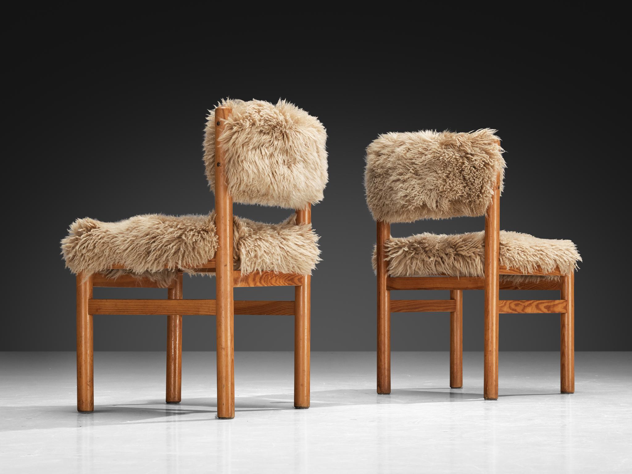Mid-Century Modern Dining Chairs in Pine and Sheepskin