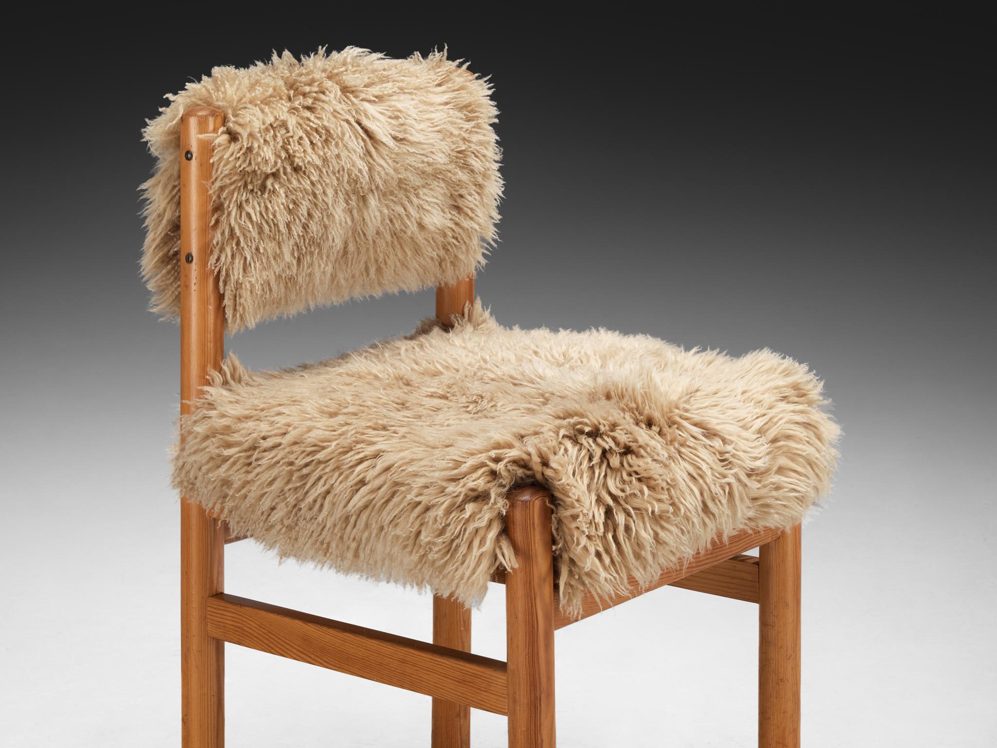 Mid-Century Modern Dining Chairs in Pine and Sheepskin