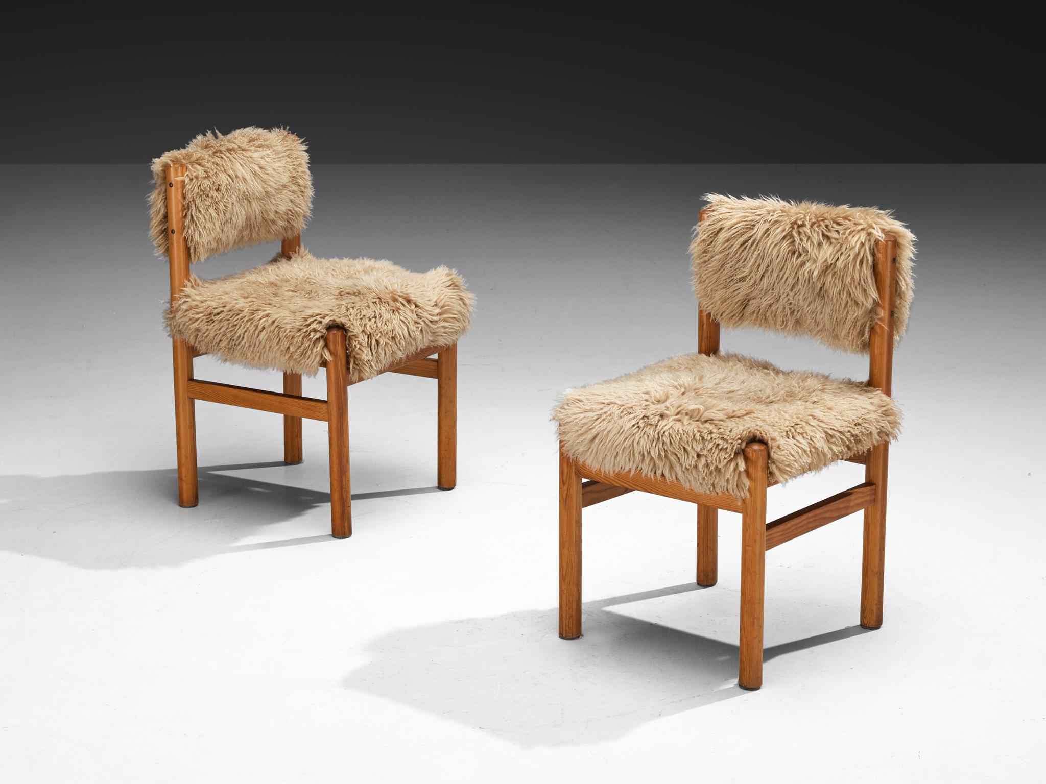 Mid-20th Century Dining Chairs in Pine and Sheepskin