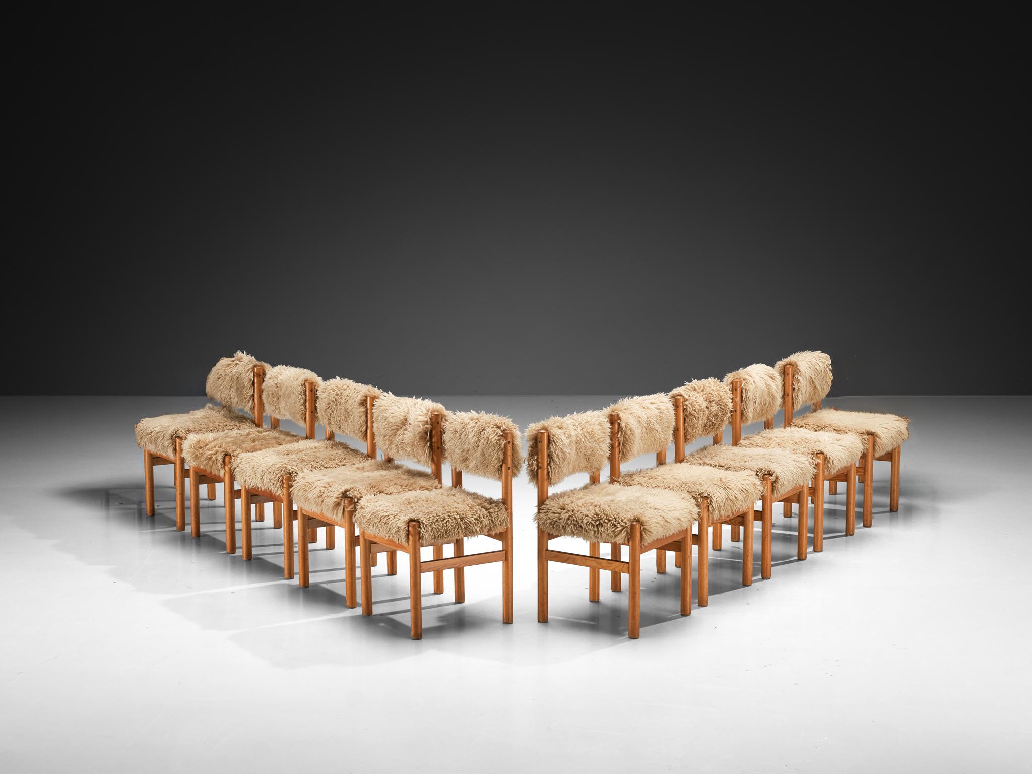 Mid-20th Century Dining Chairs in Pine and Sheepskin