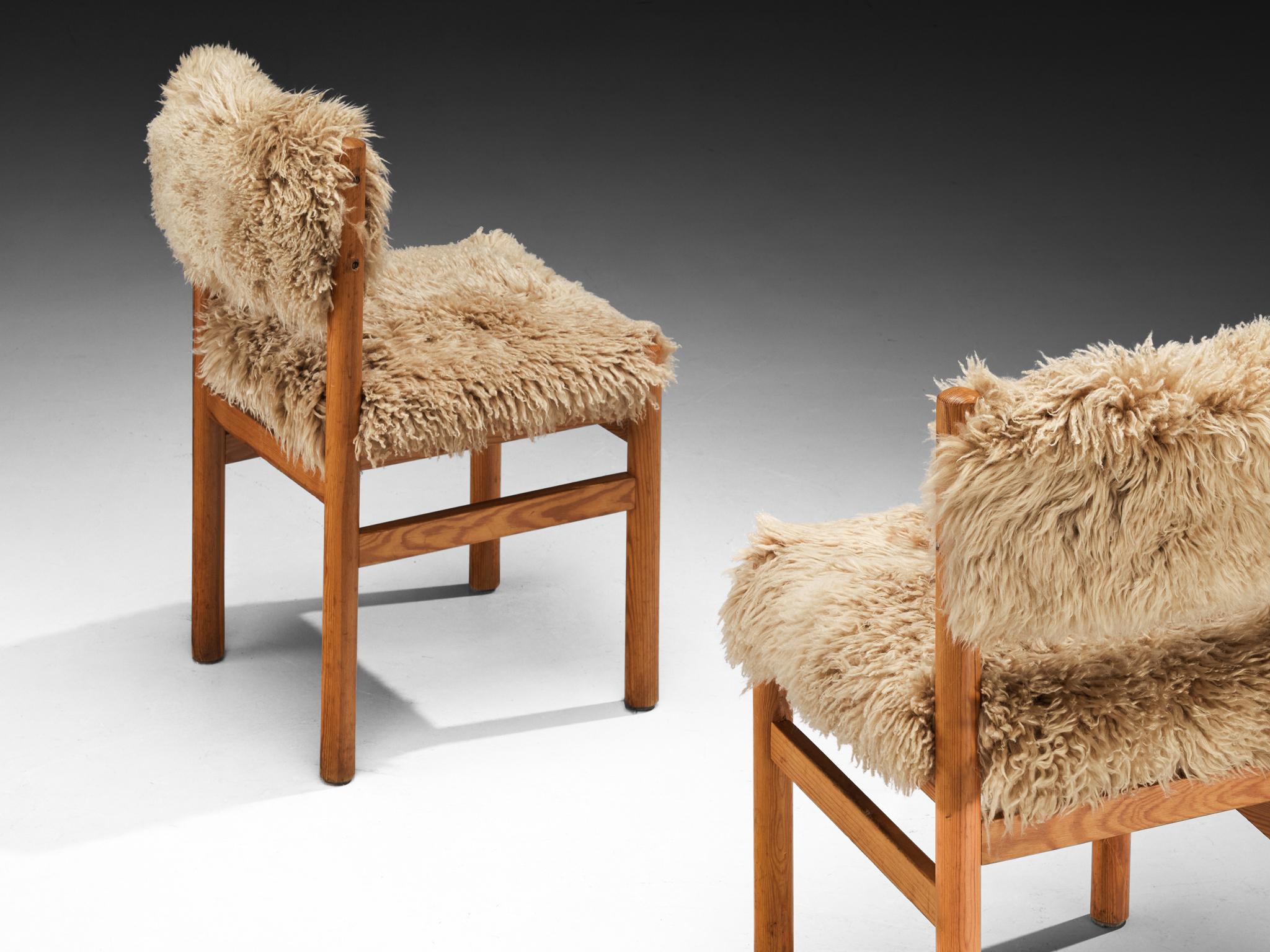 Mid-20th Century Dining Chairs in Pine and Sheepskin