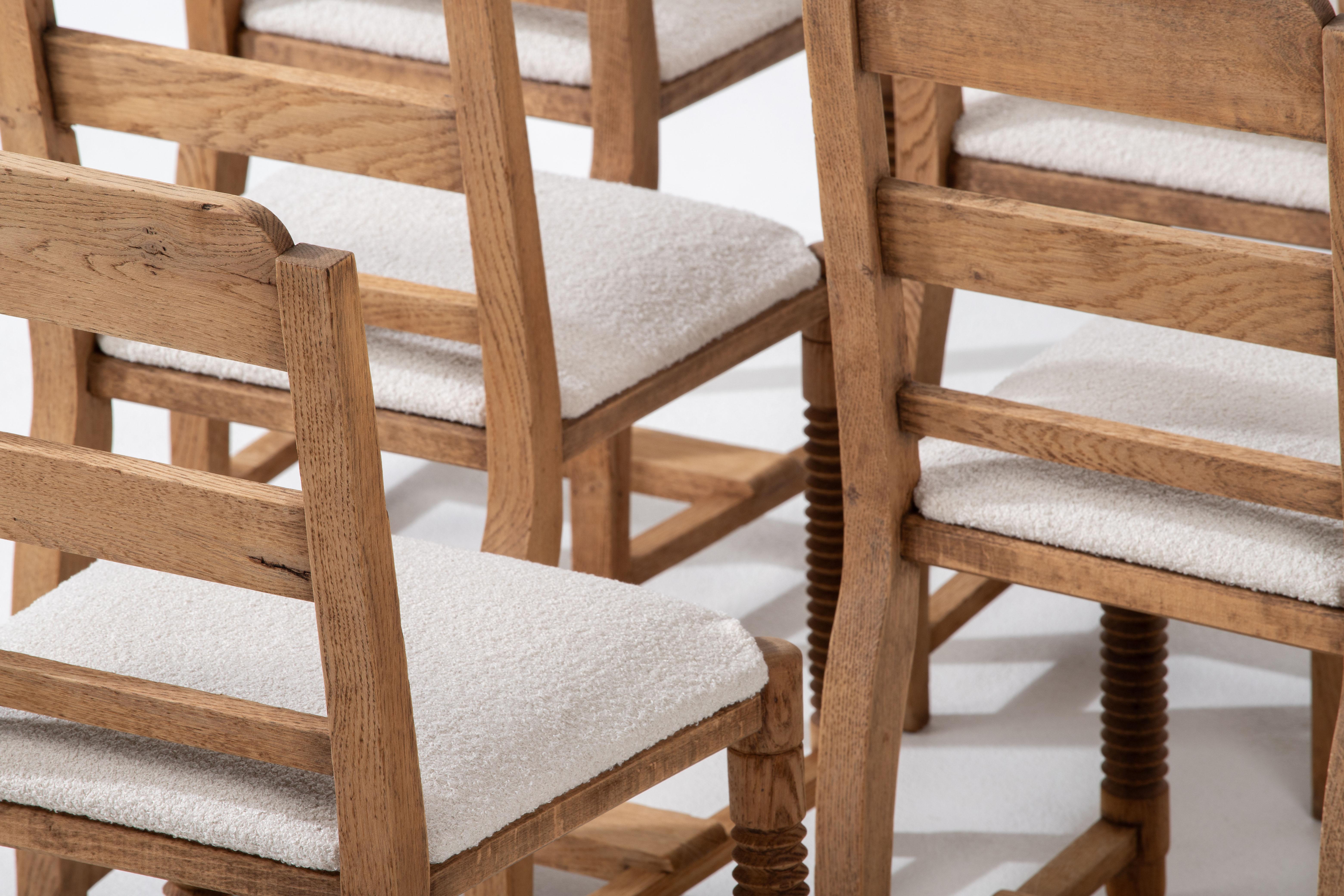 Dining Chairs in Solid Oak and Bouclé Fabric, Charles Dudouyt 4