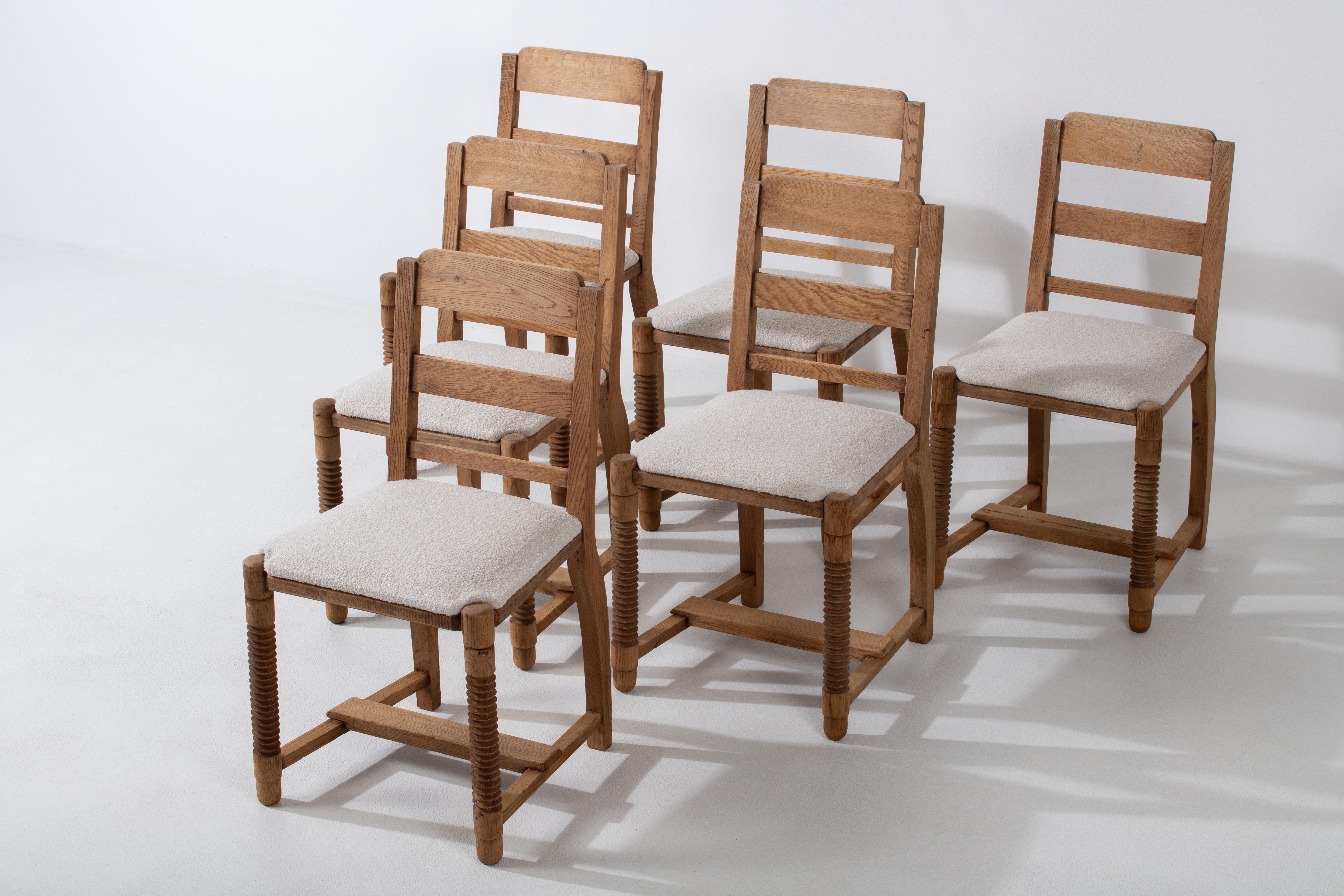 Dining Chairs in Solid Oak and Bouclé Fabric, Charles Dudouyt 14