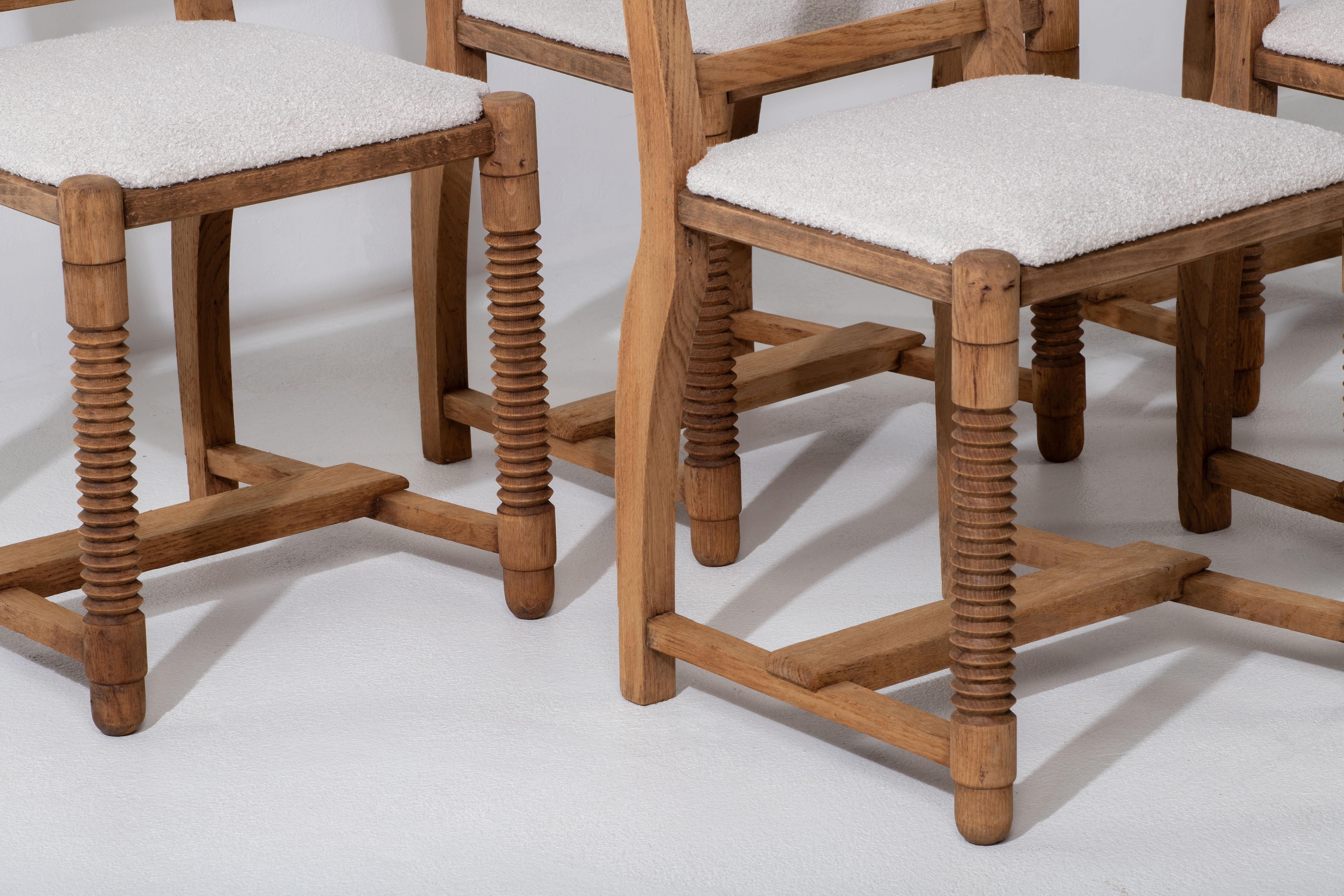 Dining Chairs in Solid Oak and Bouclé Fabric, Charles Dudouyt In Fair Condition In Wiesbaden, DE
