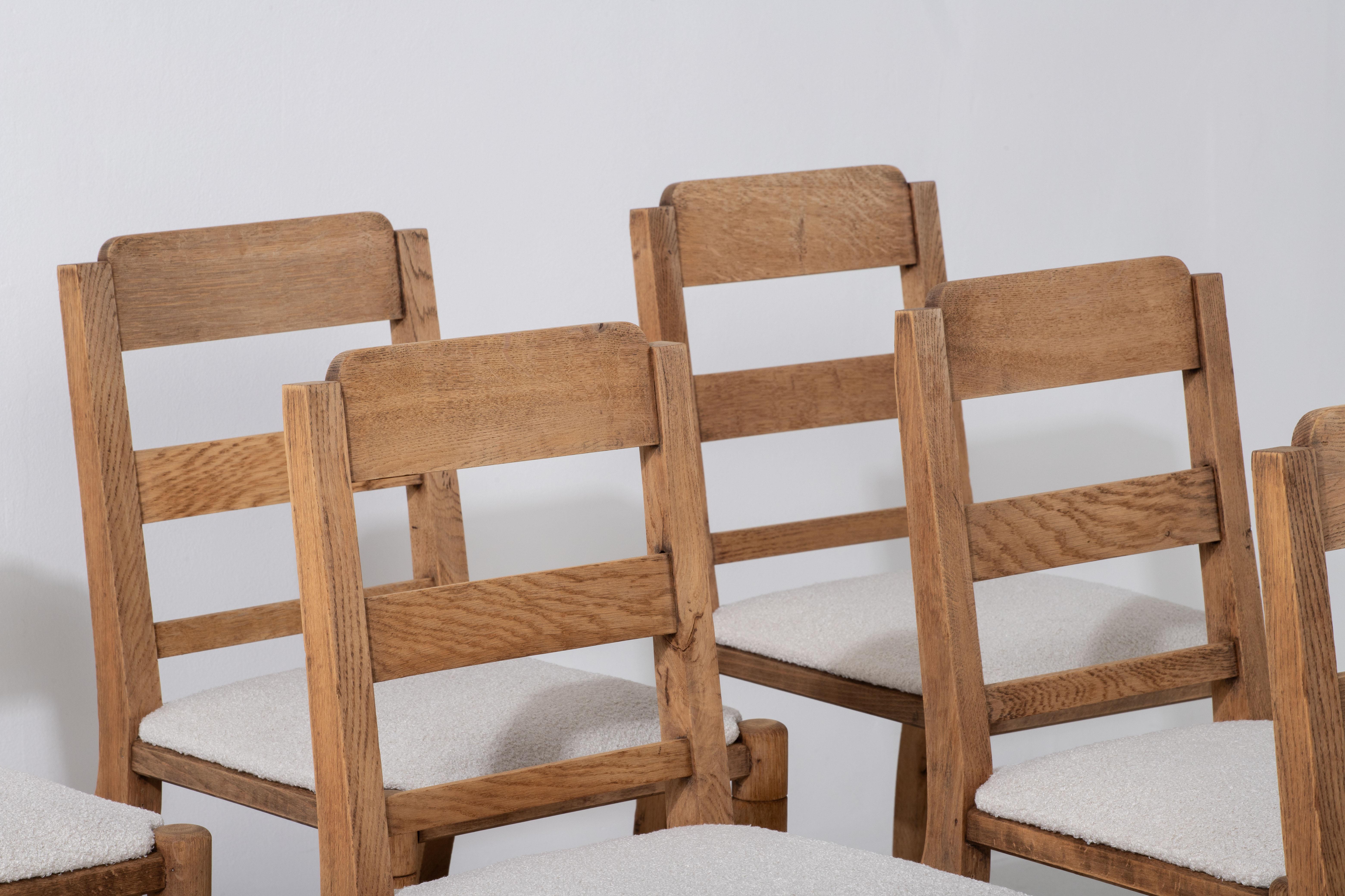 Mid-20th Century Dining Chairs in Solid Oak and Bouclé Fabric, Charles Dudouyt