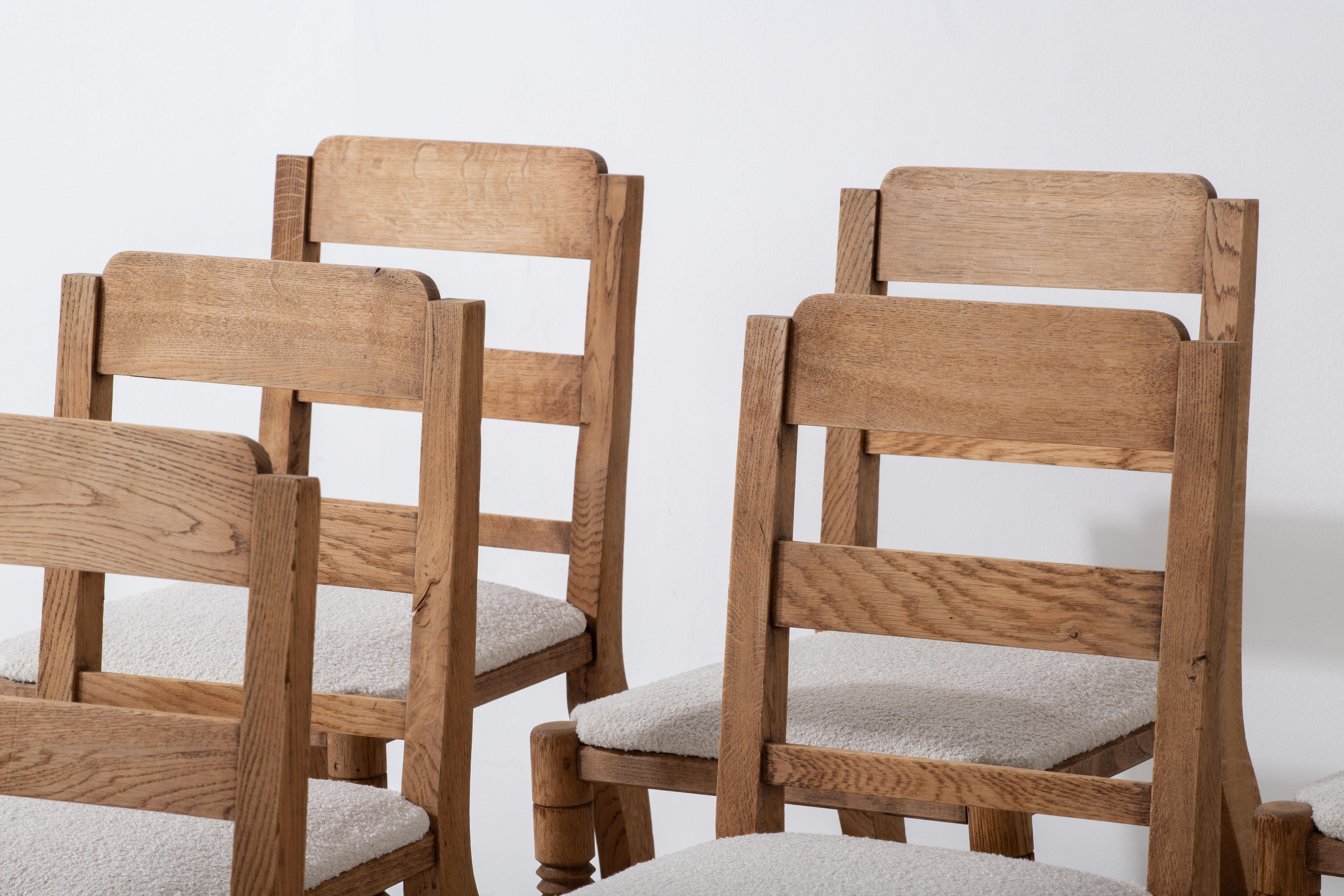 Dining Chairs in Solid Oak and Bouclé Fabric, Charles Dudouyt 2