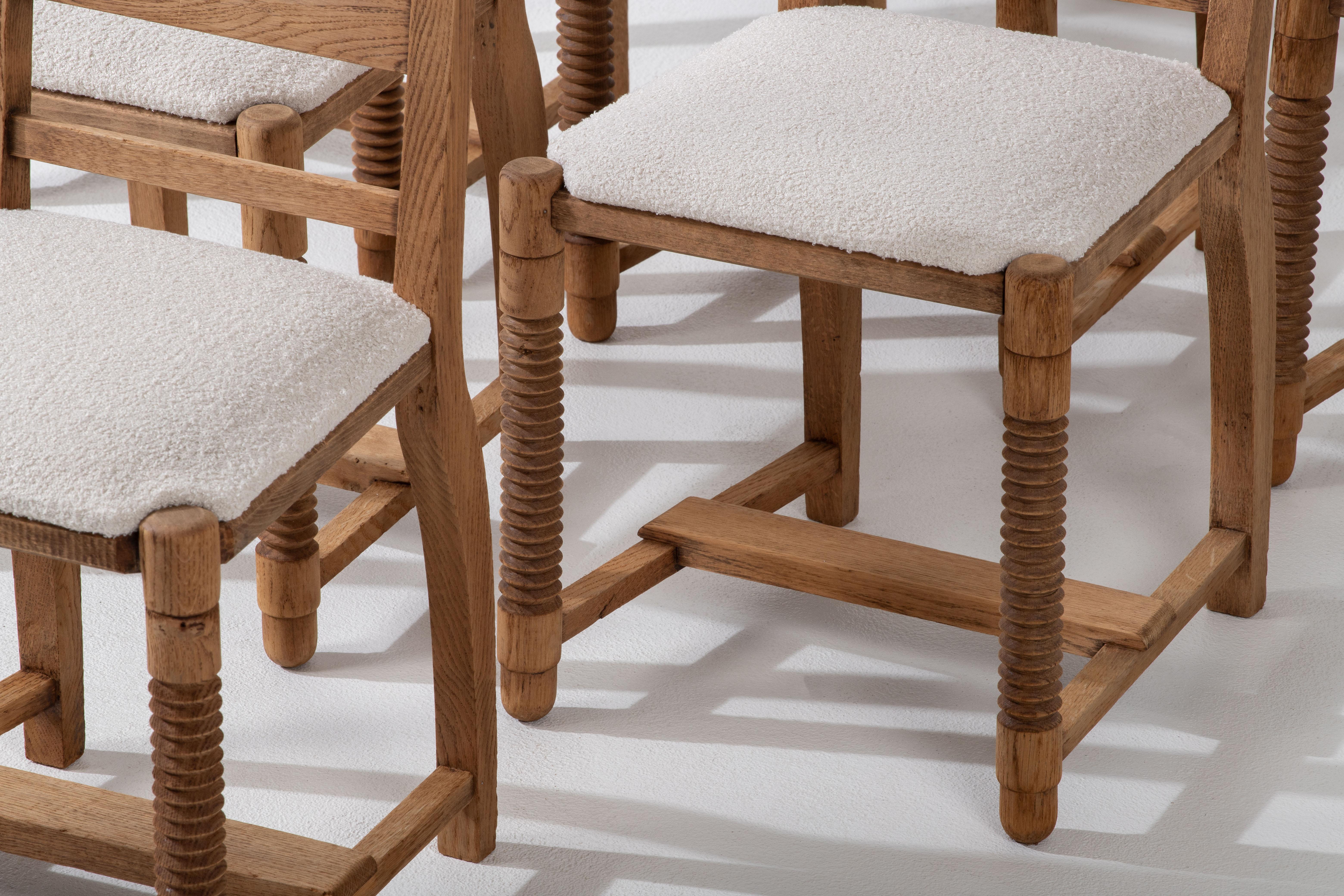 Dining Chairs in Solid Oak and Bouclé Fabric, Charles Dudouyt 3