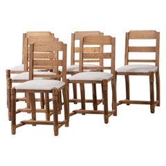 Dining Chairs in Solid Oak and Bouclé Fabric, Charles Dudouyt Dining Chairs in Solid Oak and Bouclé Fabric, Charles Dudouyt