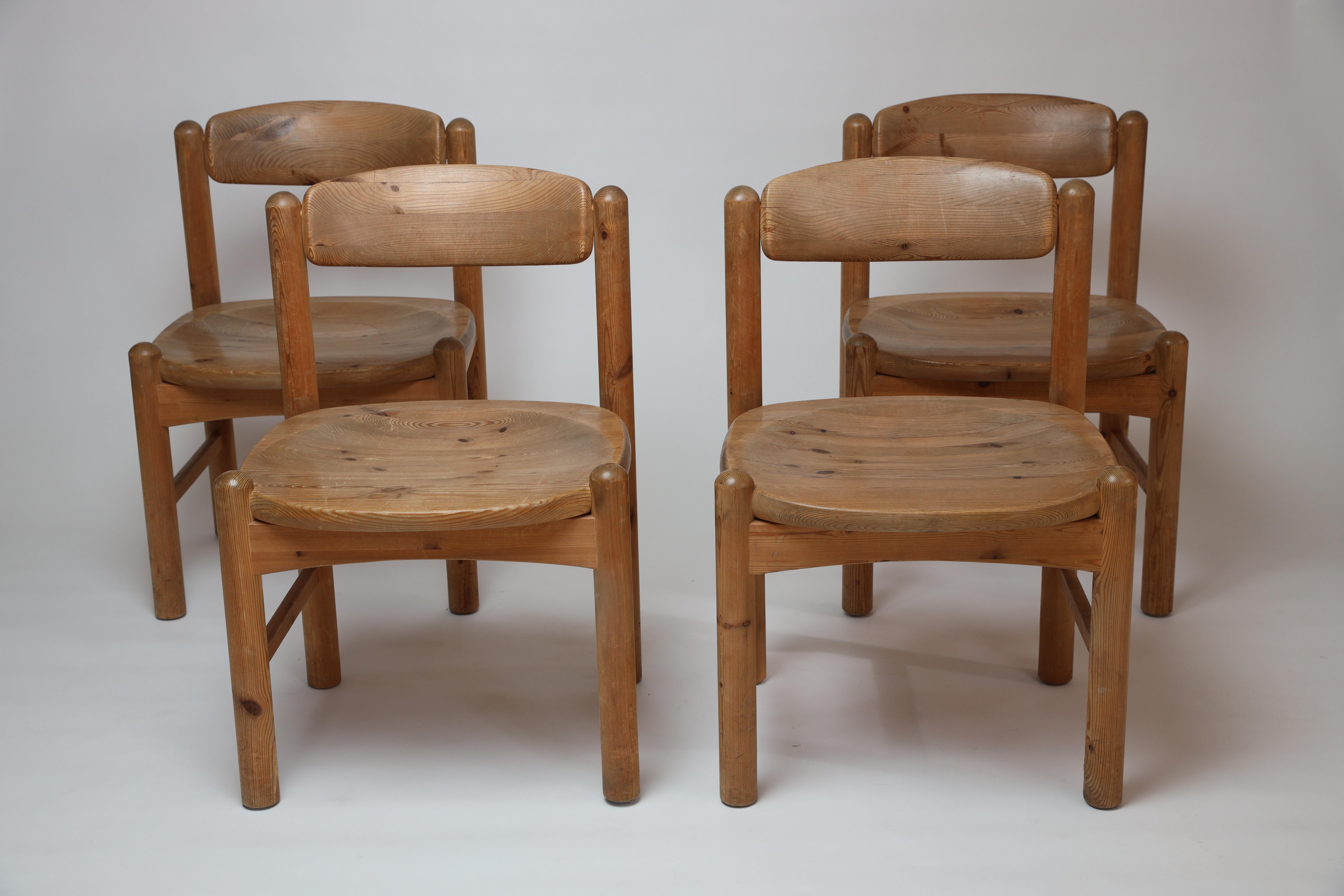 Danish modern dining chairs in solid pine, by Rainer Daumiller for Hirtshals Savvaerk. 1980s. 
These Brutalist chairs are beautiful patinated and in a general good vintage condition.
  
