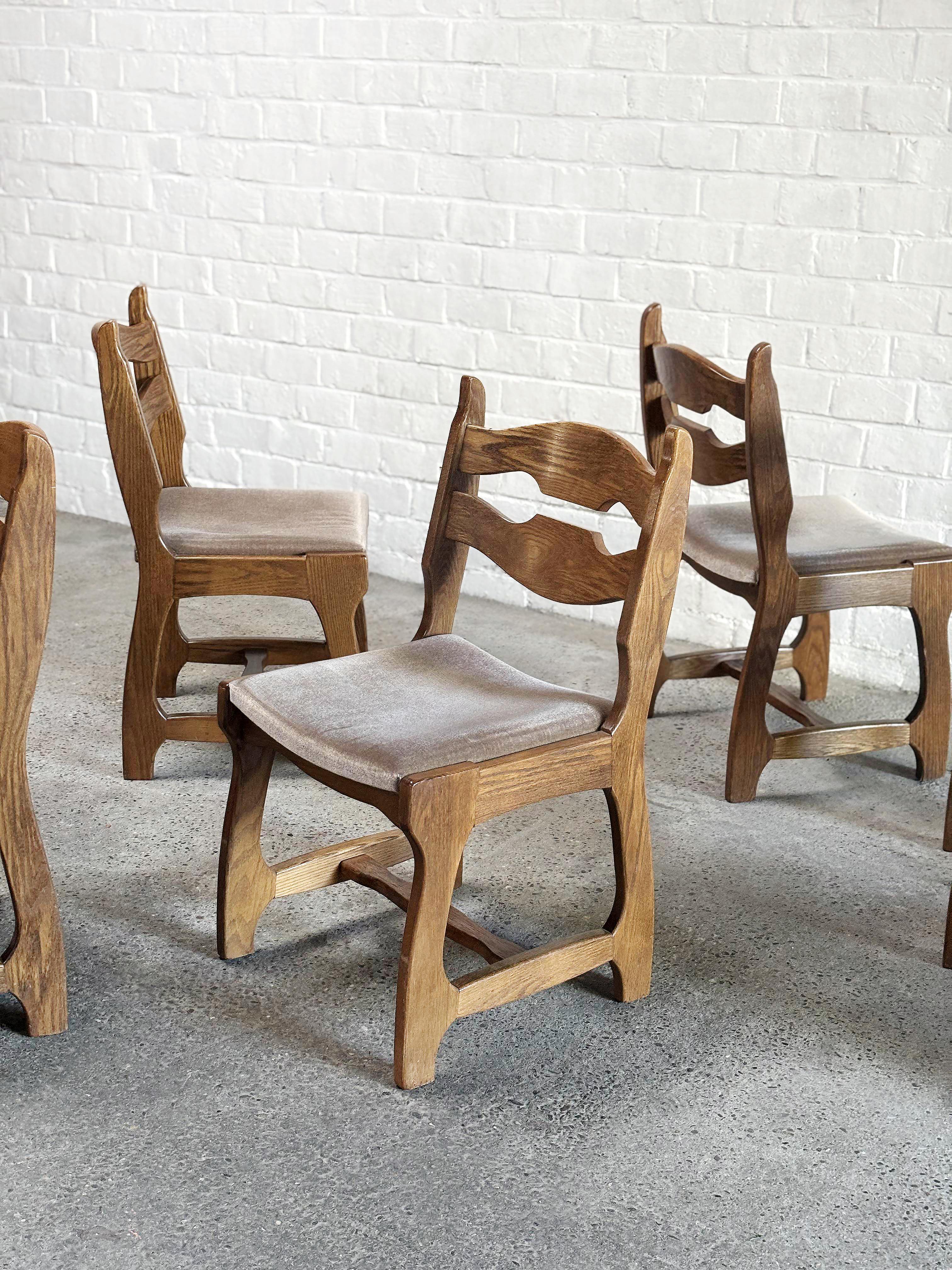 French Dining Chairs in Wood and Fabric by Guillerme Et Chambron, 1950s, Set of 6 For Sale