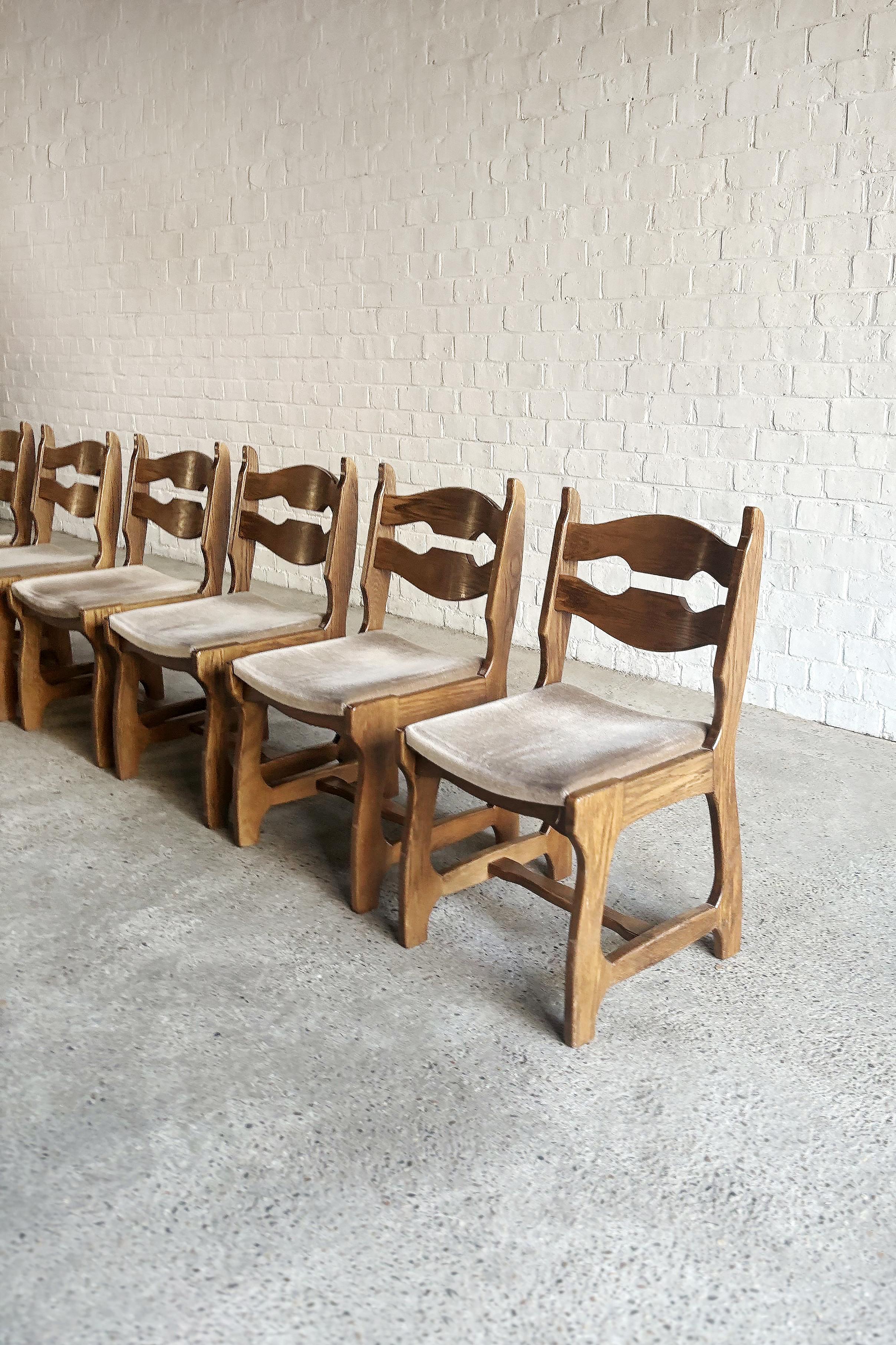 Velvet Dining Chairs in Wood and Fabric by Guillerme Et Chambron, 1950s, Set of 6 For Sale