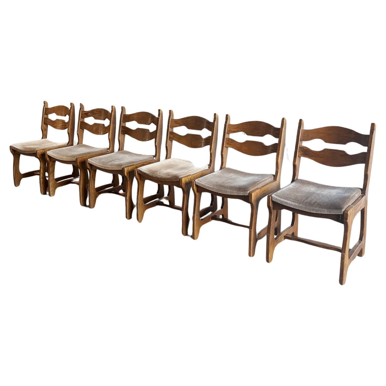 Dining Chairs in Wood and Fabric by Guillerme Et Chambron, 1950s, Set of 6 For Sale
