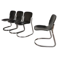 Dining Chairs Leather Chromed Metal Willy Rizzo for Cidue Italy 1970s Set of 4