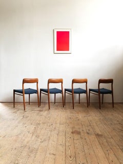 Dining Chairs, Model 75 by Niels O. Møller in Teak and blue Upholstery, Set of 4