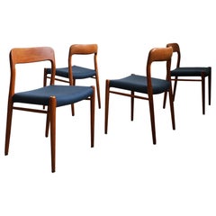 Retro Dining Chairs, Model 75 by Niels O. Møller in Teak and blue Upholstery, Set of 4