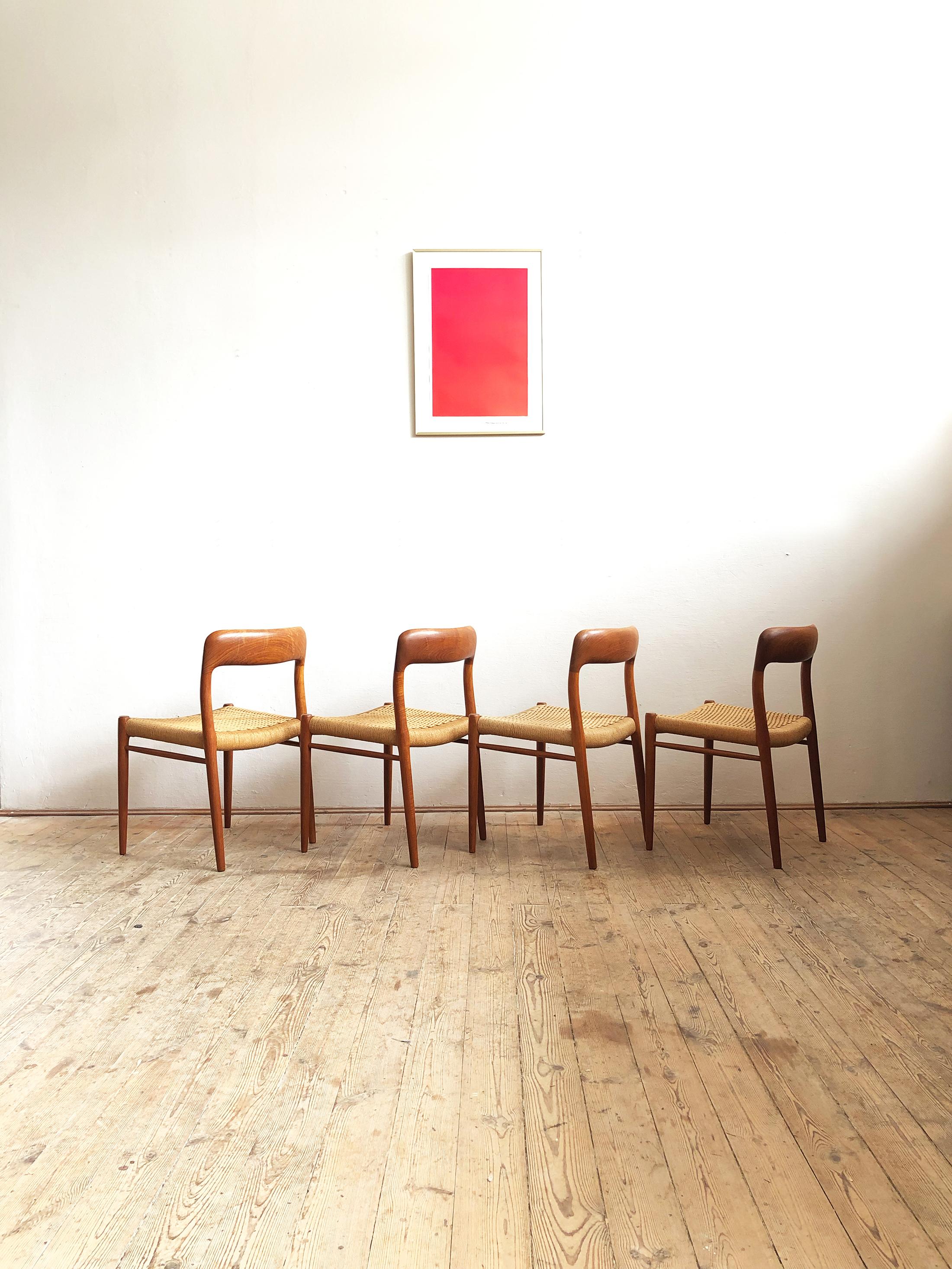 Danish Dining Chairs, Model 75 by Niels O. Møller in Teak and Paper Cord, Set of 4 For Sale